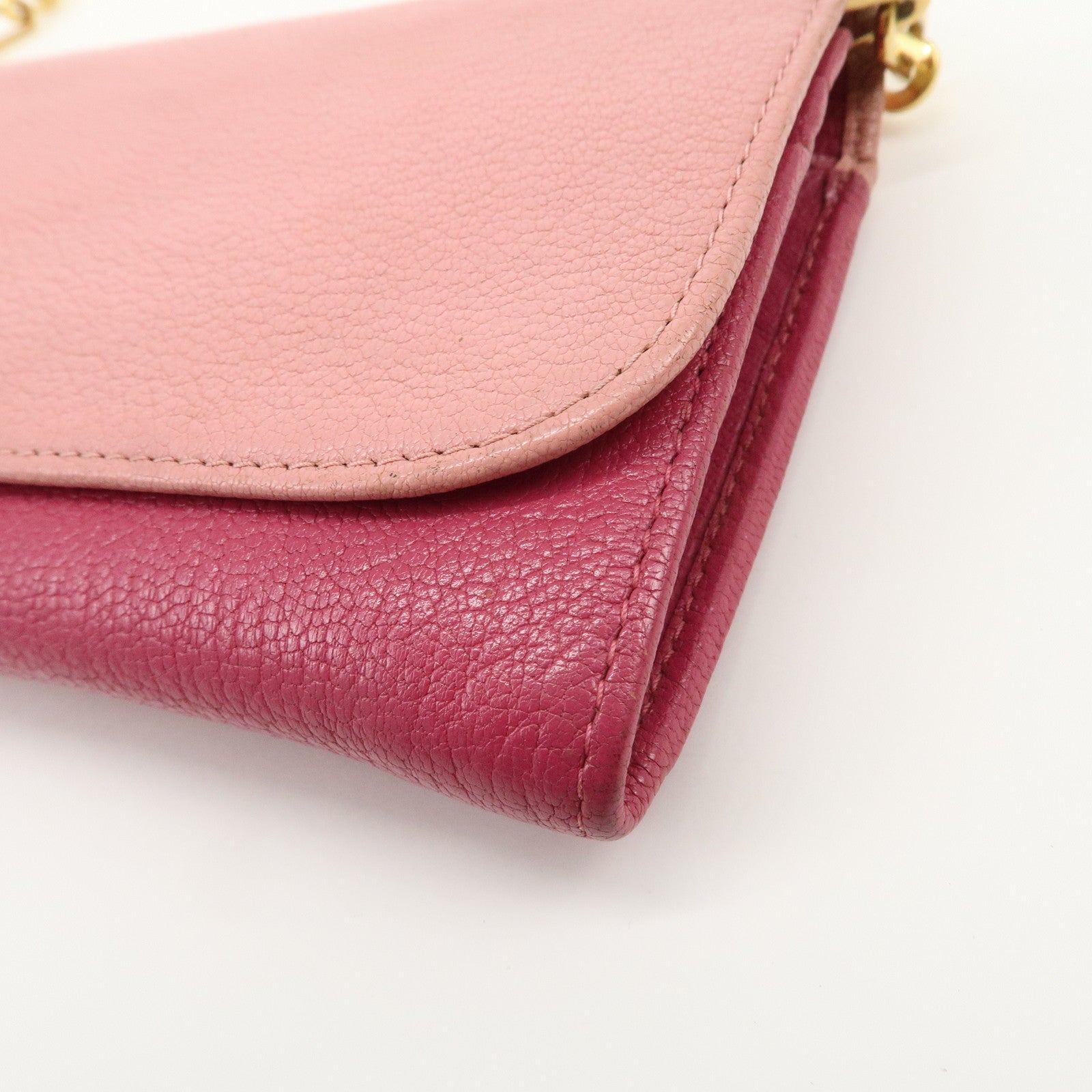 MIU MIU Logo Leather WOC Chain Shoulder Long Wallet Pink 5M1290