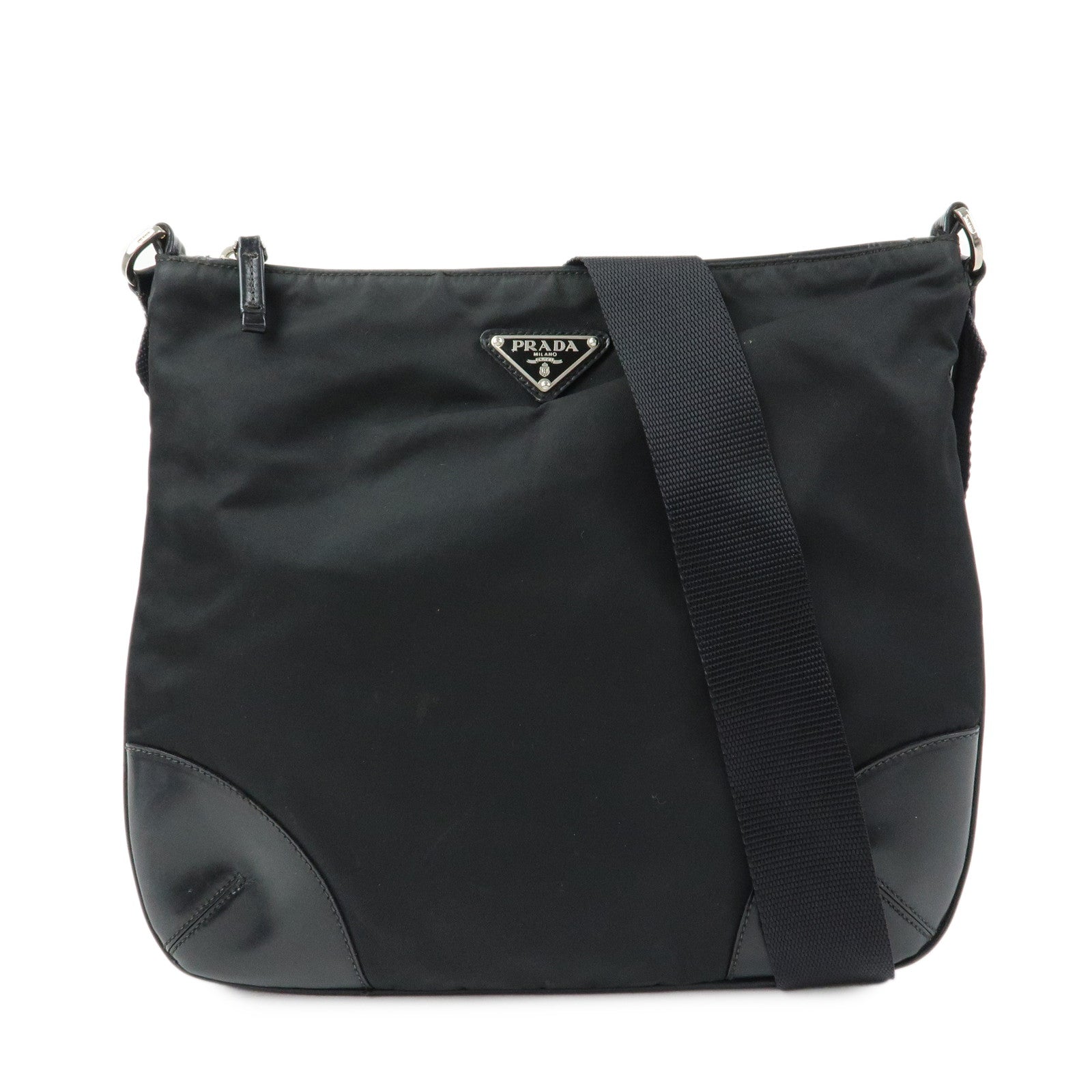 PRADA Triangle Logo Nylon Leather Shoulder Bag Black BT0326
