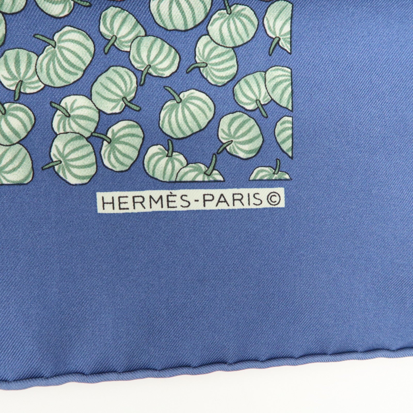 HERMES Logo Silk 100% Scarf 42×42 Pumpkin Blue Green