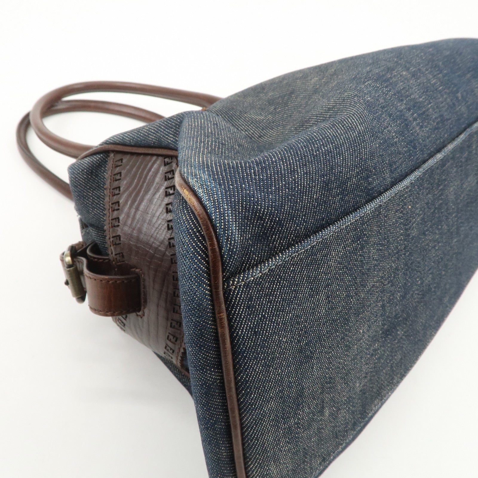 FENDI Etonico Denim Leather Tote Bag Shoulder Bag Brown 8BN162