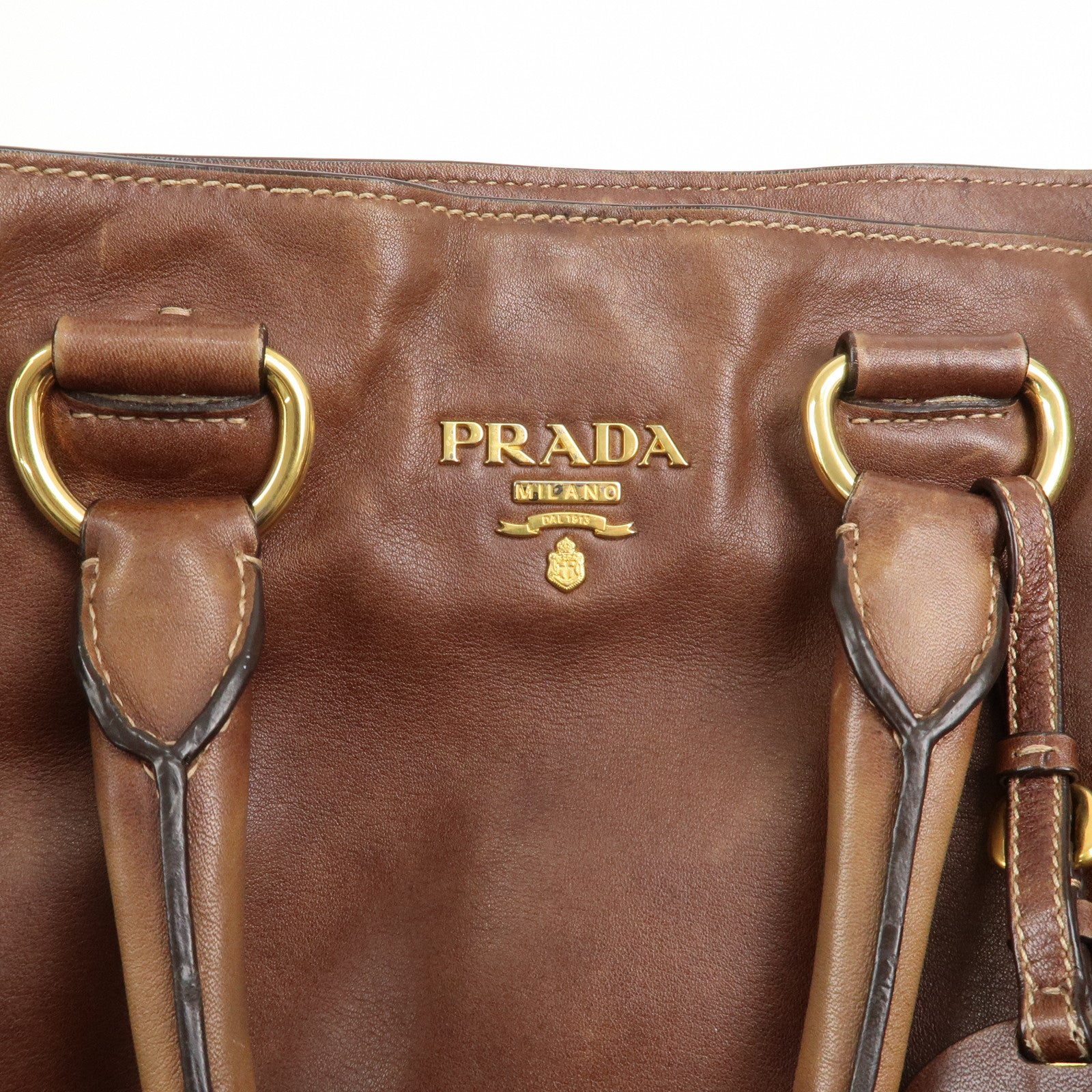 PRADA Logo Leather 2way Shoulder Bag Tote Bag Gold HDW Brown Used