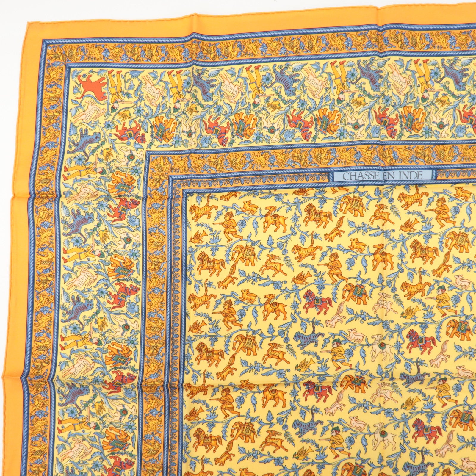 HERMES Carre 90 Silk 100% Scarf CHASSE EN INDE Orange Multicolor Used