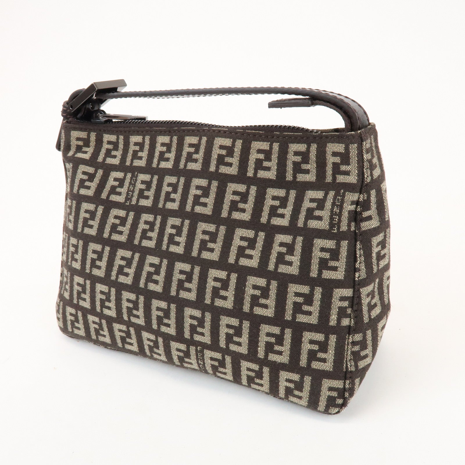 FENDI Zucchino Canvas Leather Hand Bag Pouch Bag Brown 8N00001