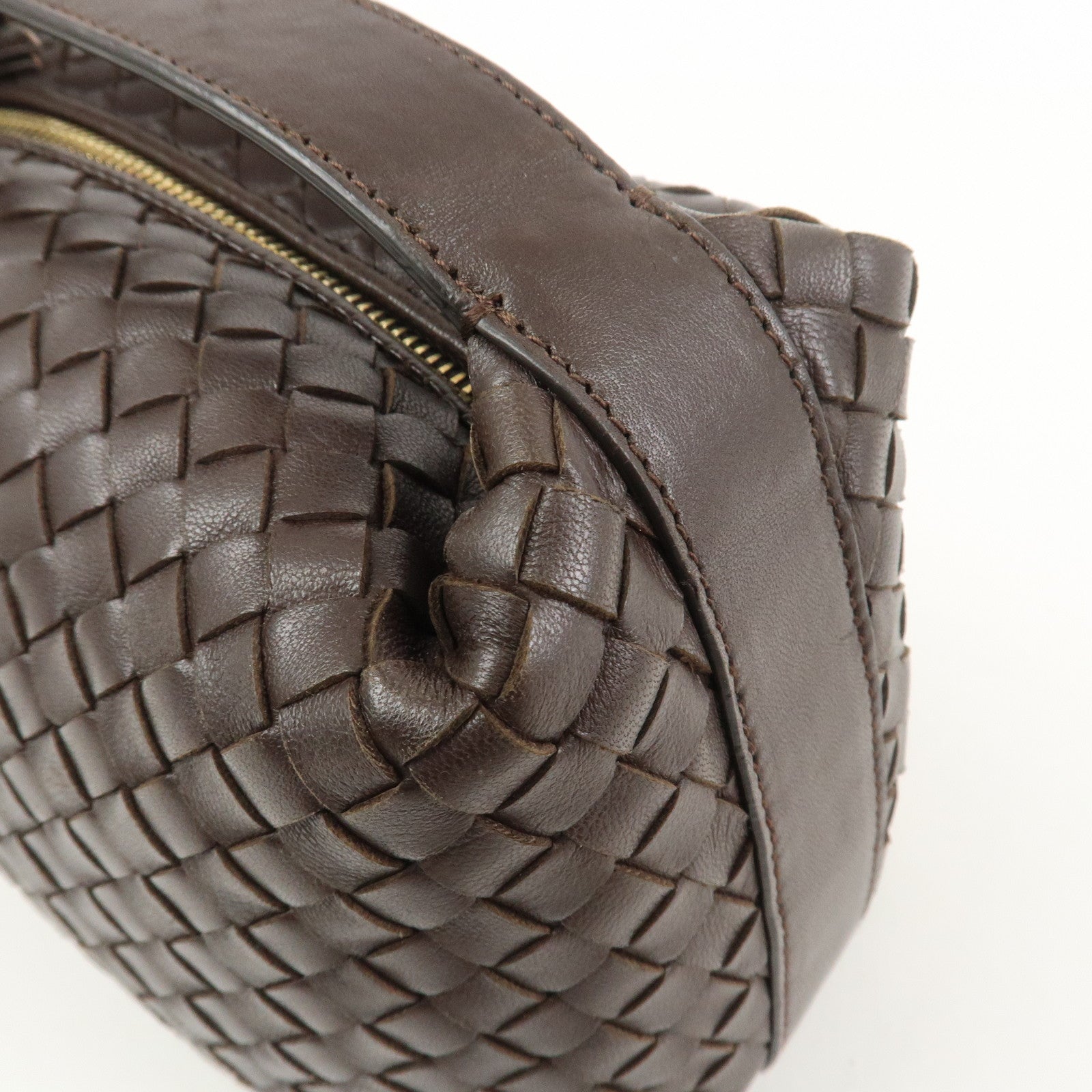 BOTTEGA VENETA Intrecciato Lamb Skin Hand Bag Boston Bag Dark Brown