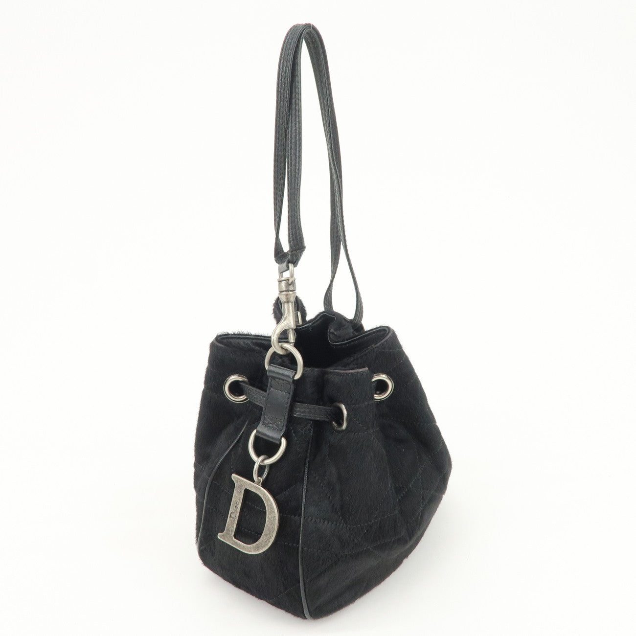 Christian Dior Unborn Carf Leather Drawstring Hand Bag Black Silver