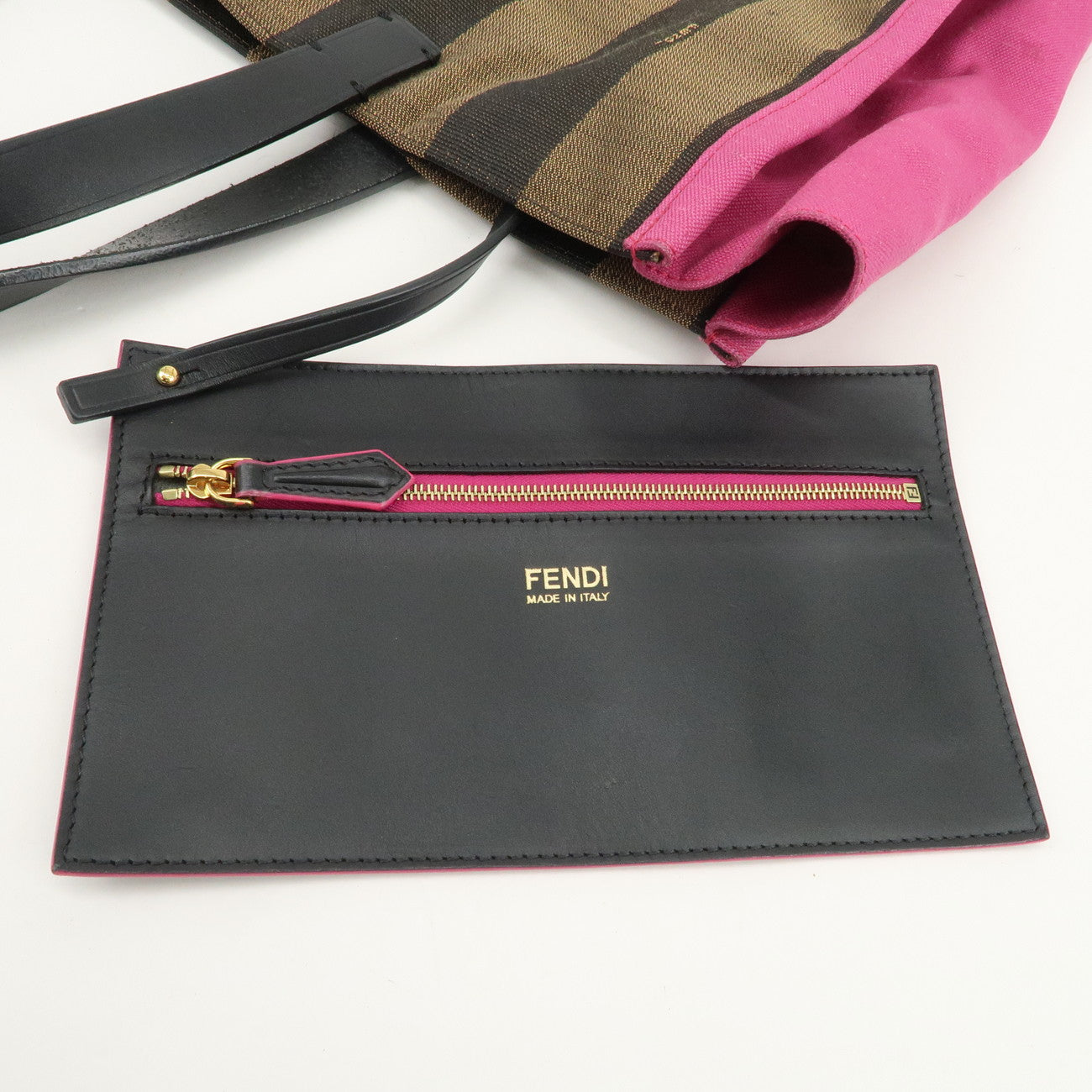 FENDI Pequin Canvas Leather Tote Bag Hand Bag Brown Pink 8BH252