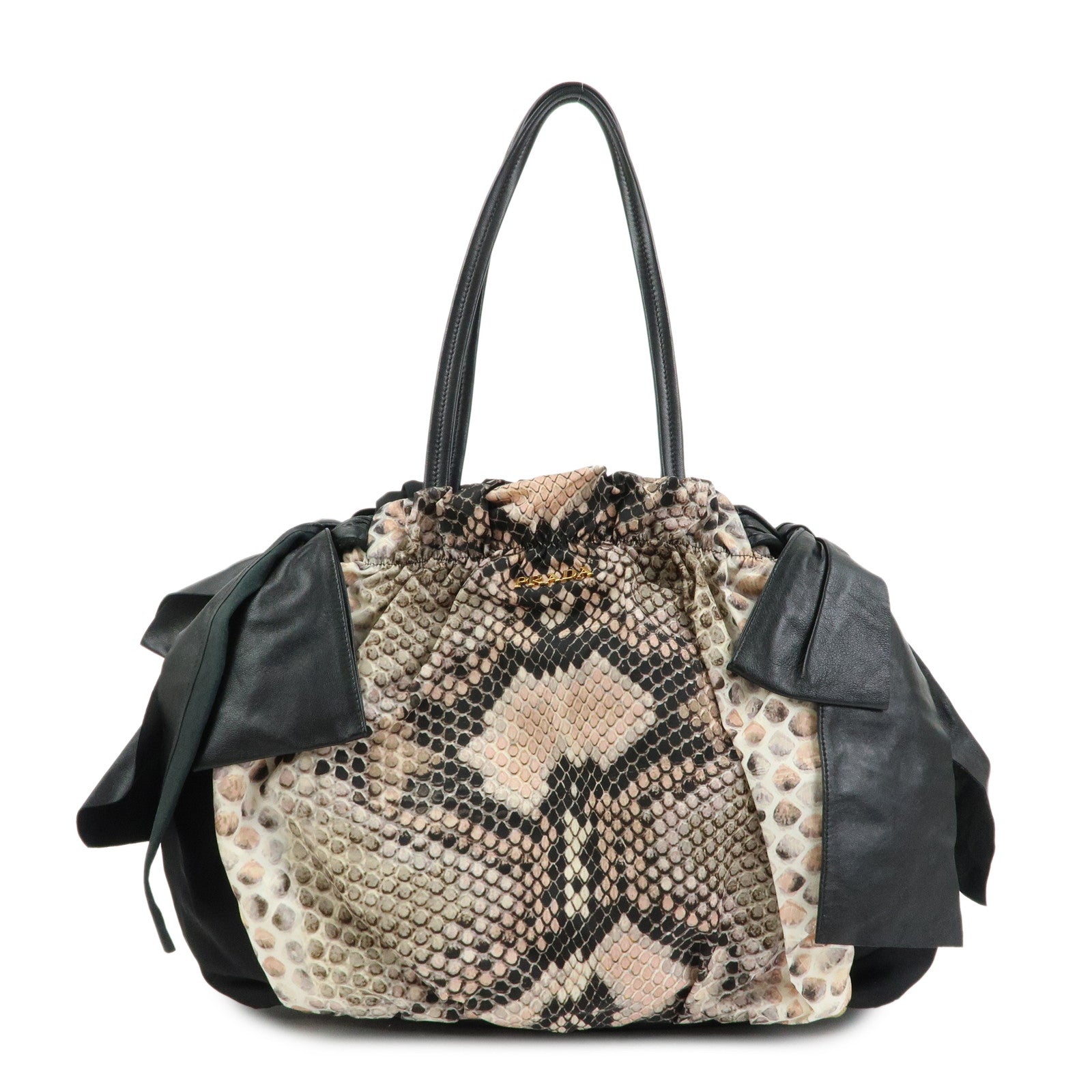 Prada Nylon Leather Ribbon Python Print Tote Bag Black Pink BR4206