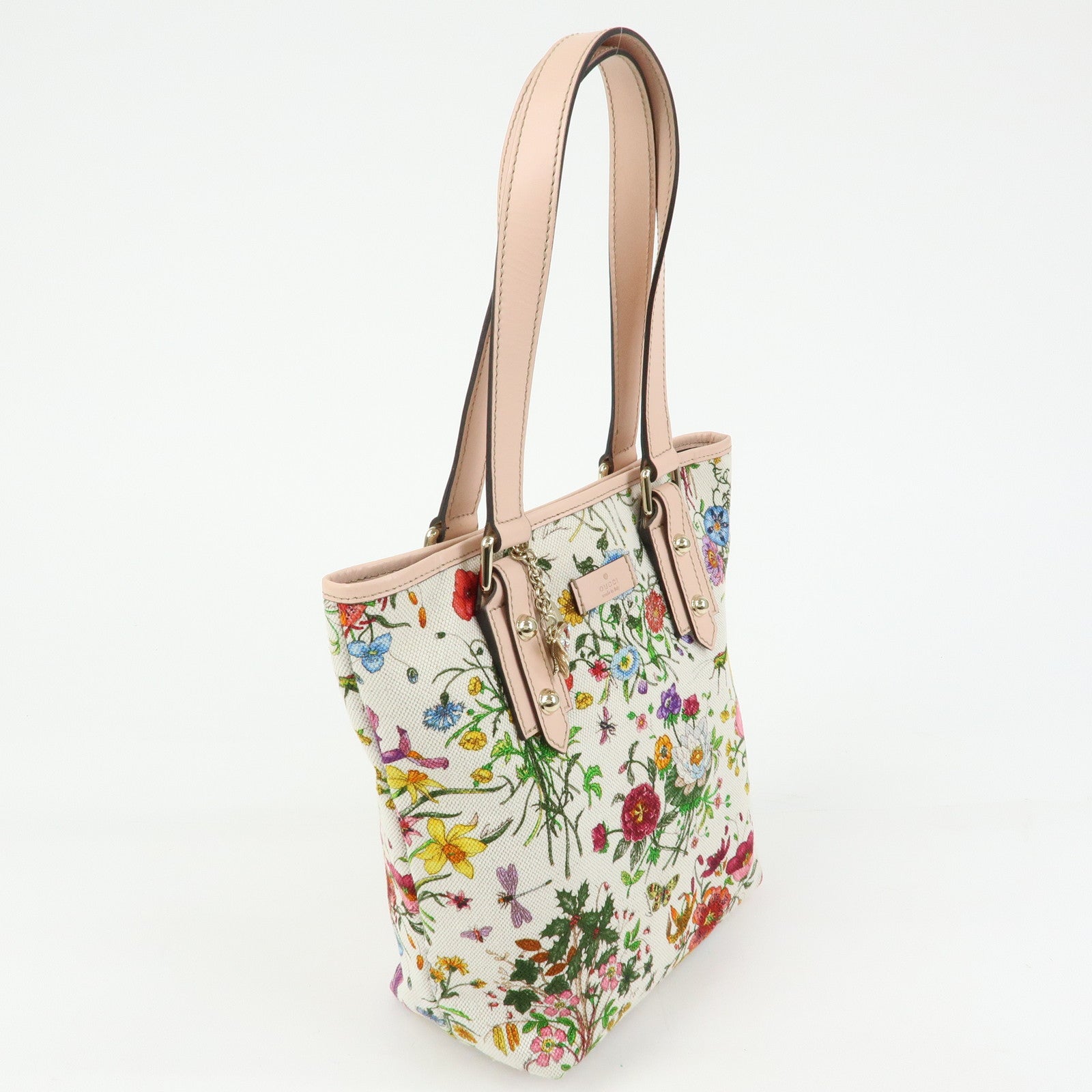 GUCCI Flora Flower Motif Canvas Leather Tote Bag White Pink 240018