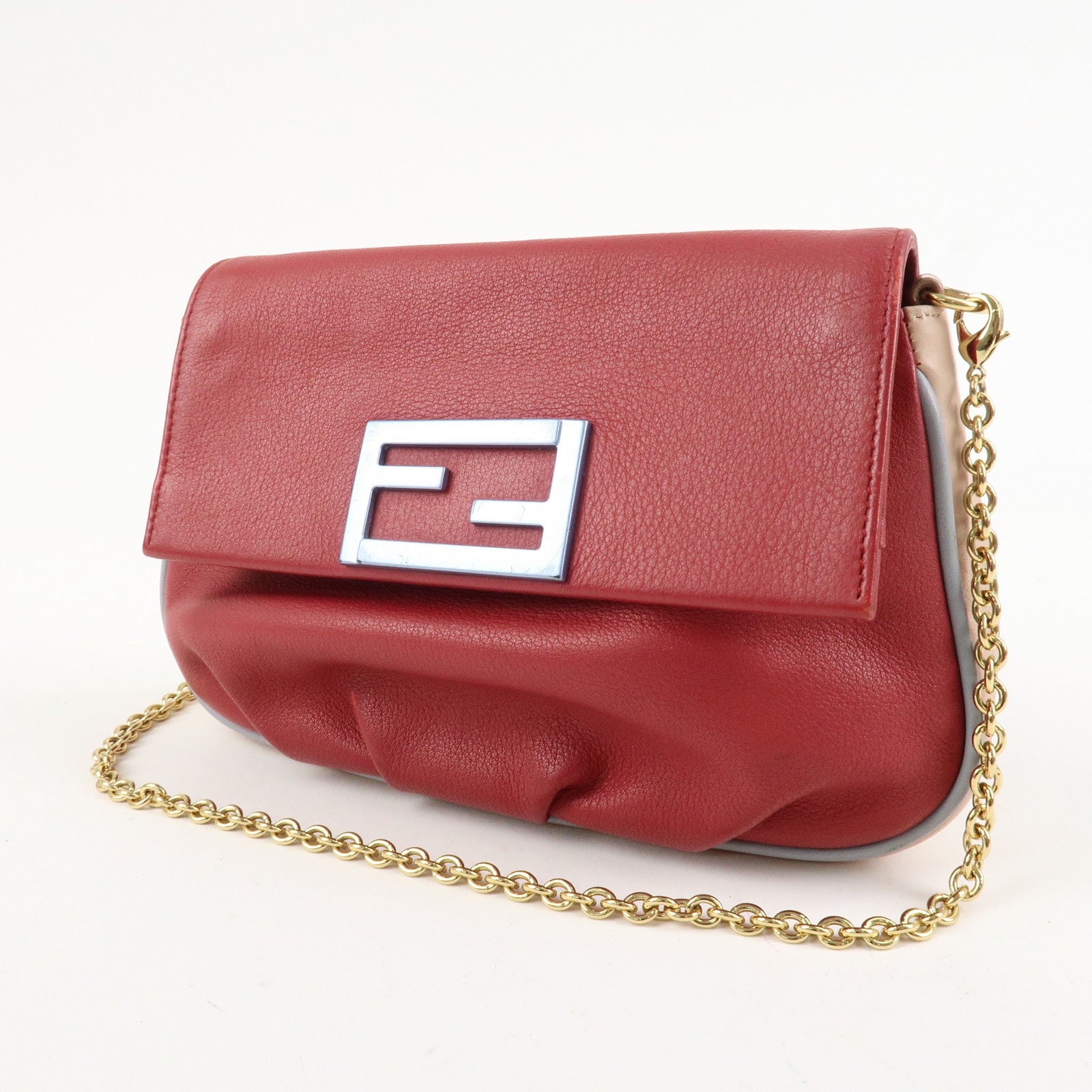 FENDI Leather Chain Shoulder Bag Purse Crossbody Bag Red 8M0276 Used