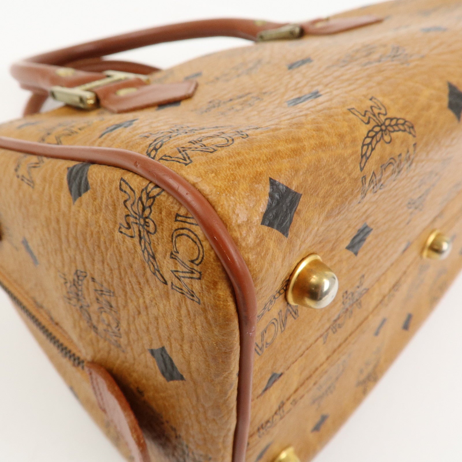 MCM Visetos Leather Boston Bag Hand Bag Brown