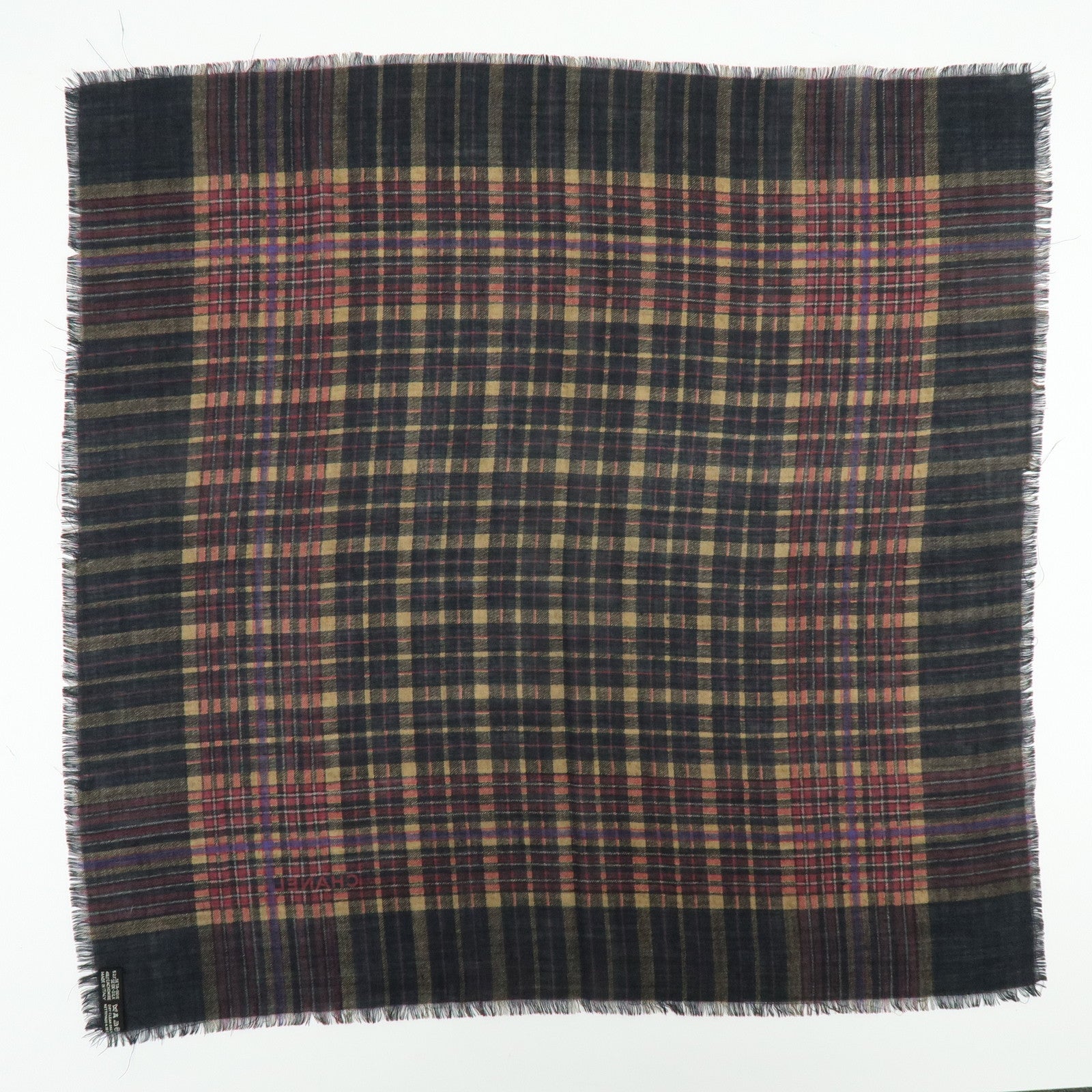 CHANEL Silk Cashmere Plaid Scarf Black Beige Wine Red