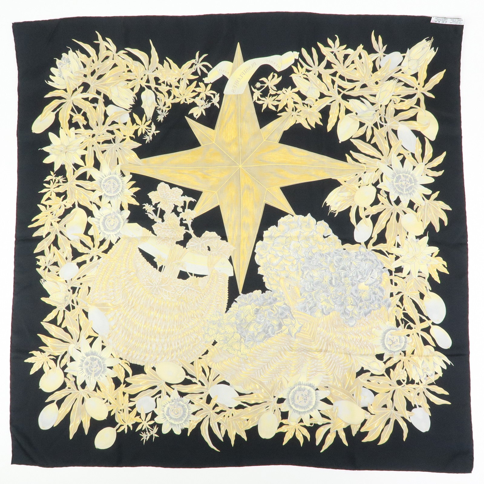 HERMES Carre 90 Silk 100% Scarf PASSIFLORES Flower Print Black Gold
