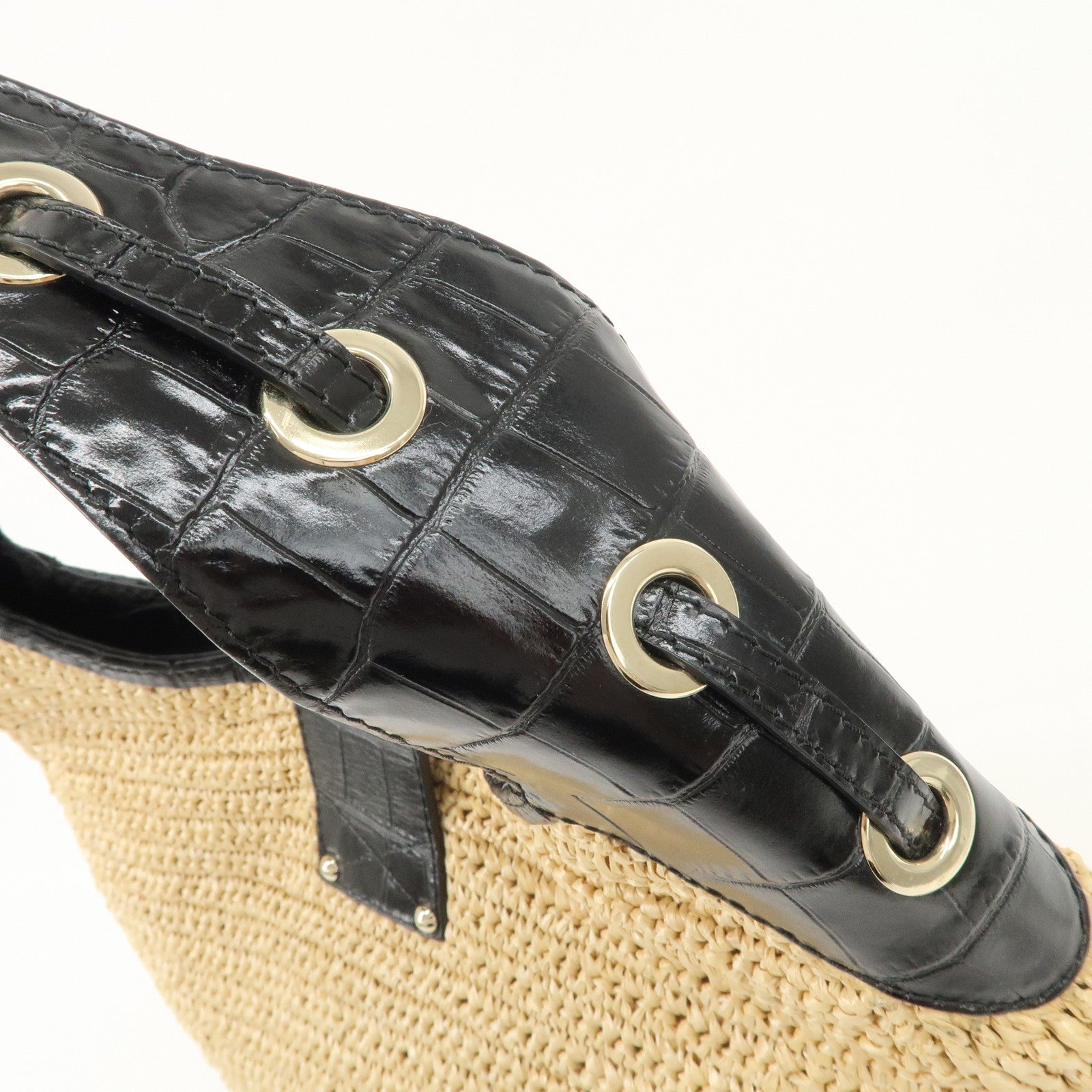 JIMMY CHOO Raffia Embossed Leather One Shoulder Bag Natural Black