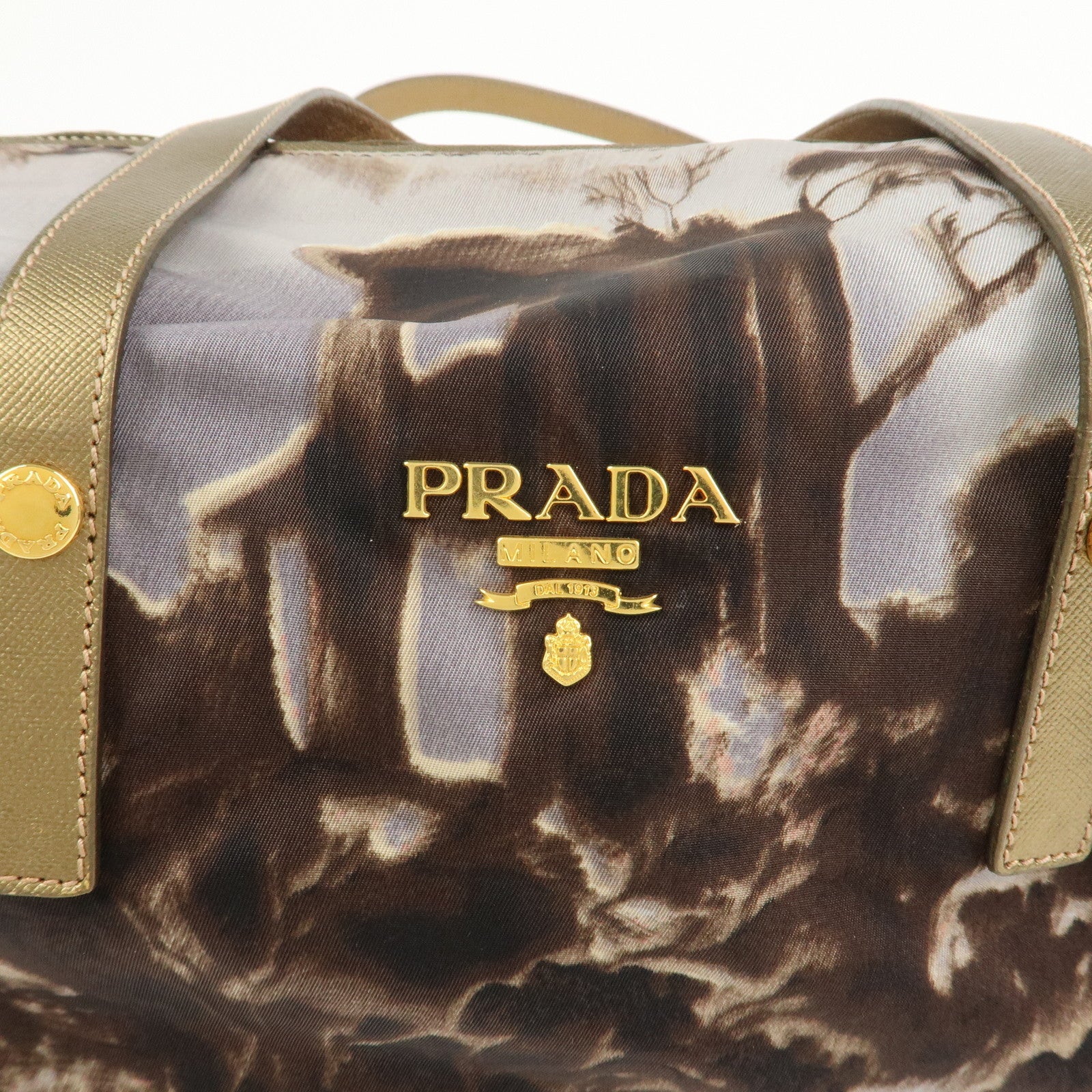 PRADA Logo Nylon Leather Boston Bag Shoulder Bag Gray Gold BL0567