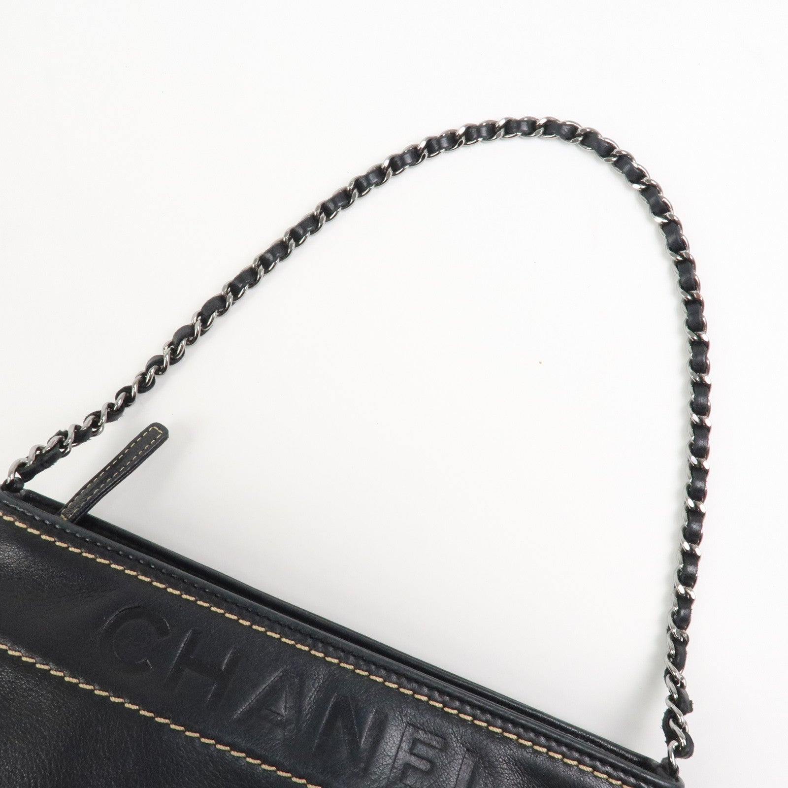 CHANEL Lambskin Chain Shoulder Bag Hand Bag Black Silver