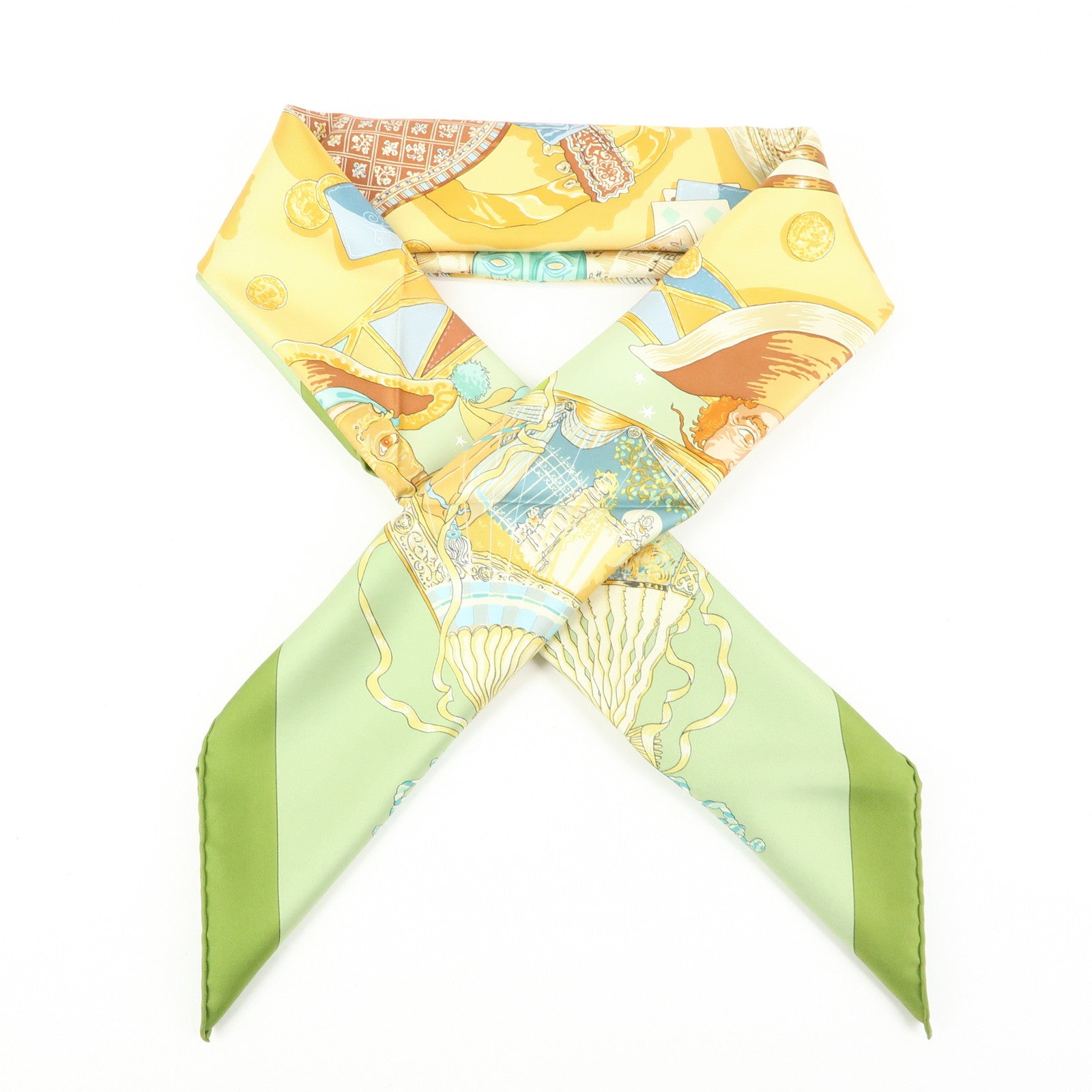HERMES Carre90 Silk100% Scarf Mon Ami Pierrot Green Yellow Beige