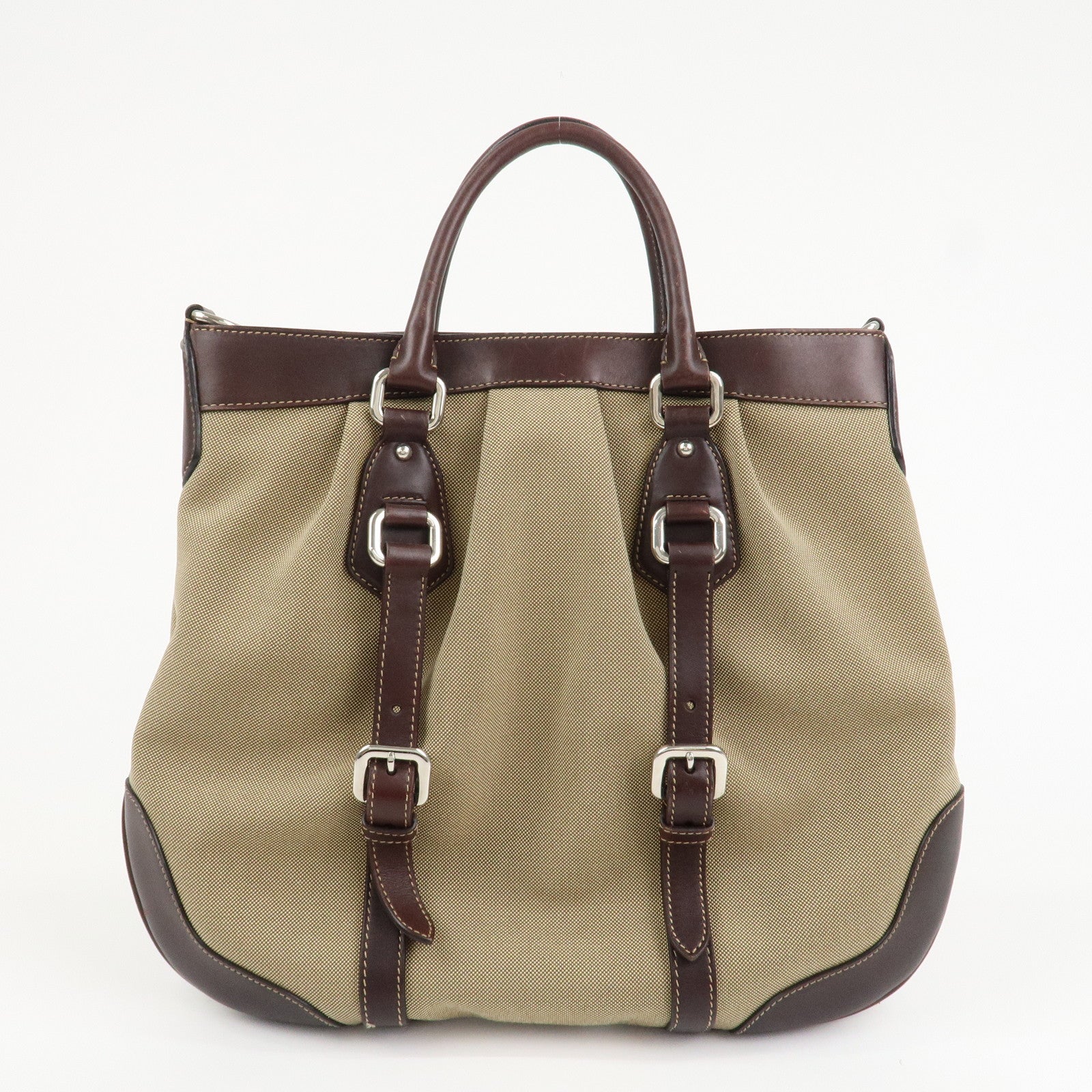 PRADA Logo Jaguard Leather 2way Hand Bag Beige Brown BN1184