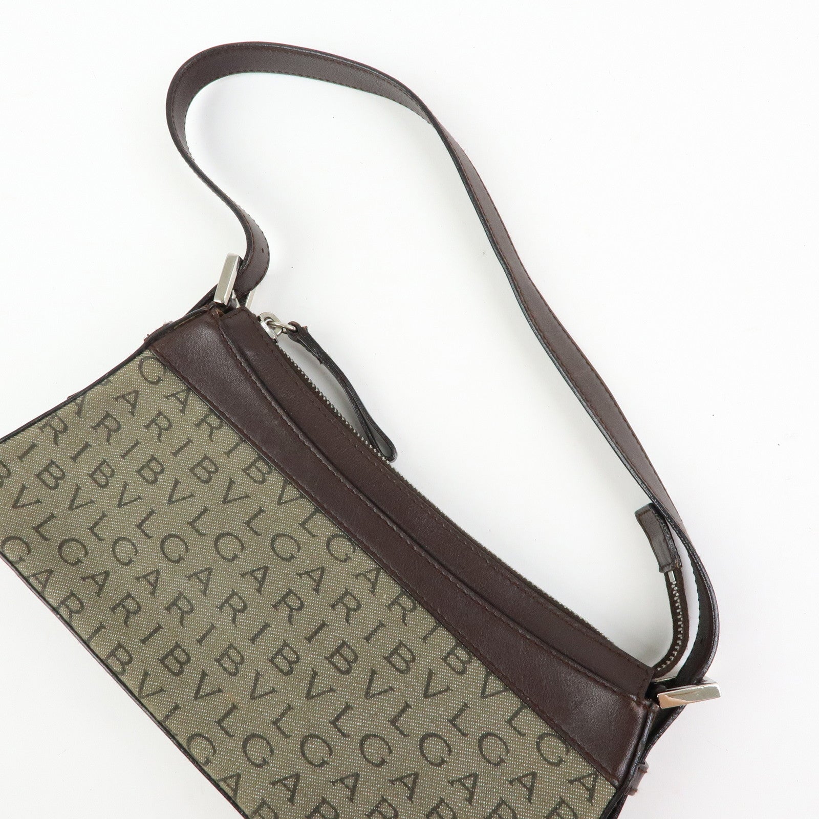 BVLGARI Logo Mania Canvas Leather Shoulder Bag Hand Bag Khaki