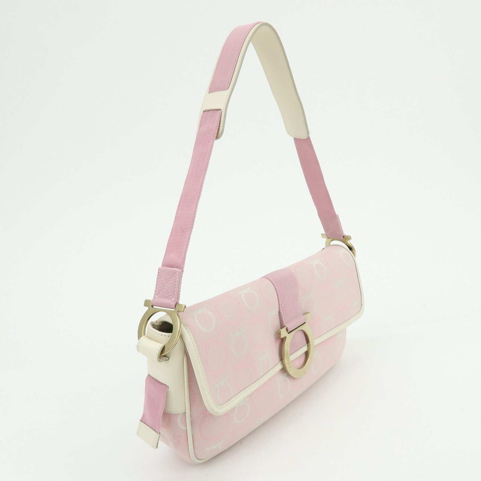Ferragamo Gancini Canvas Leather Shoulder Bag Light Pink White