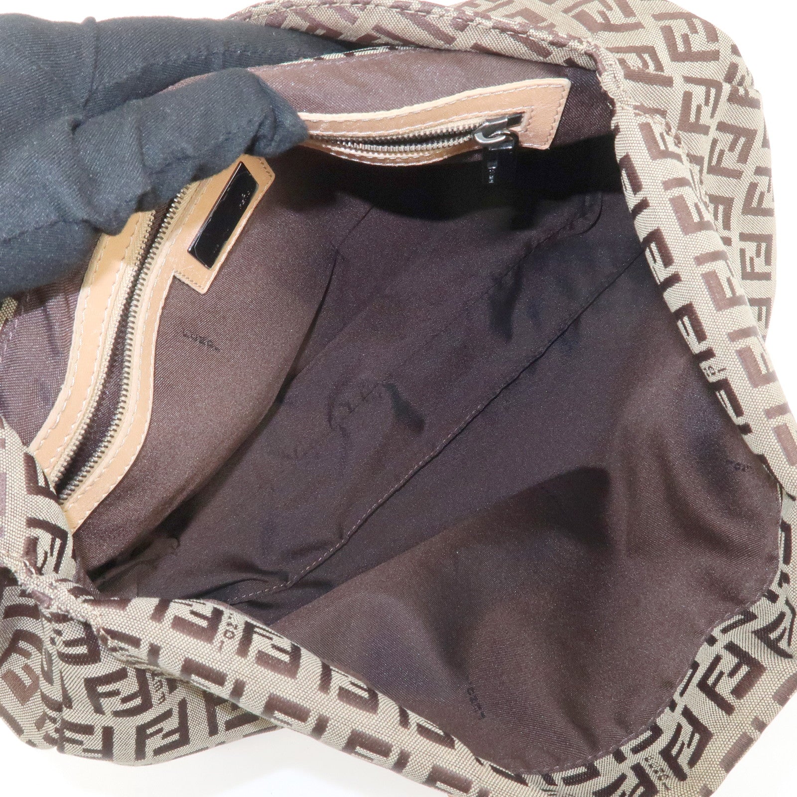 FENDI Zucchino Canvas Leather Shoulder Bag Hand Bag Brown 8BR090