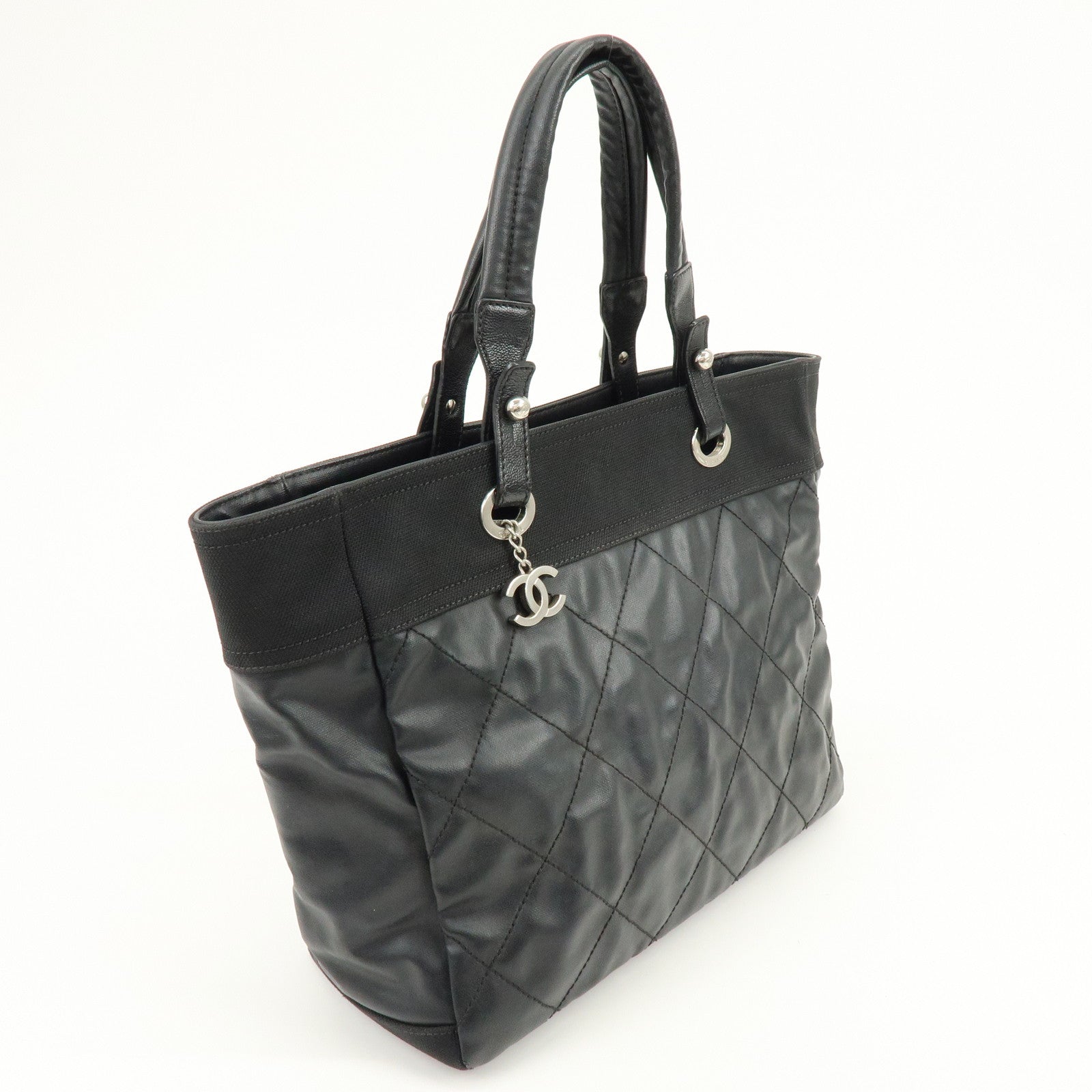 CHANEL PVC Canvas Leather Paris Biarritz MM Tote Hand Bag A34209