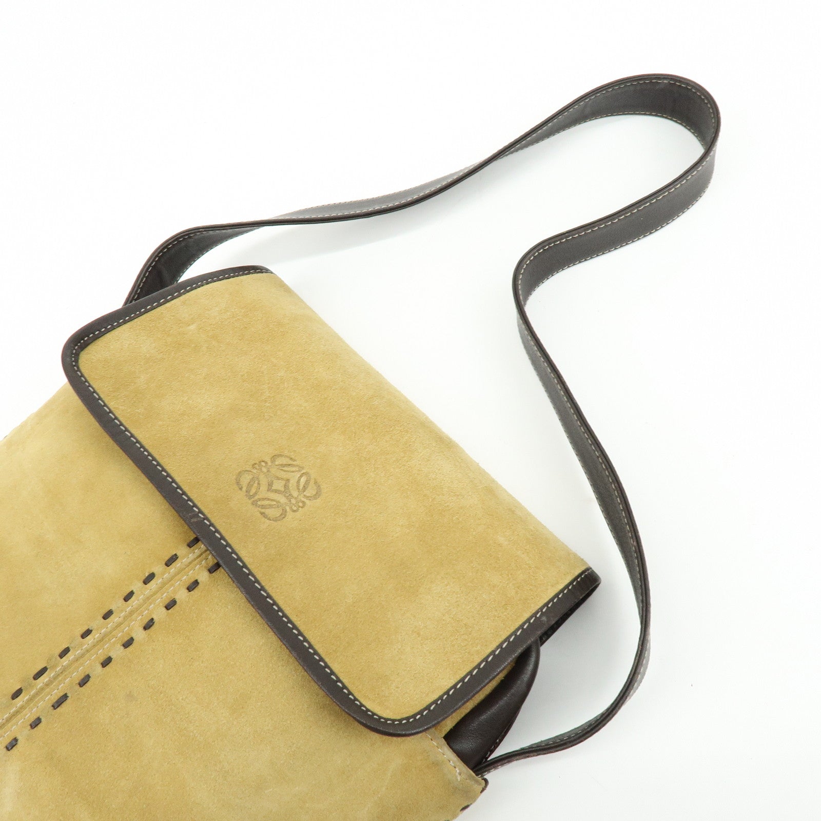 LOEWE Anagram Suede Leather Shoulder Bag Crossbody Bag Beige