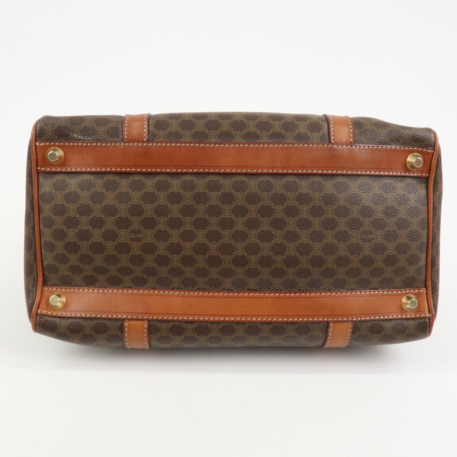 CELINE Macadam PVC Coating Canvas Leather Boston Bag Brown