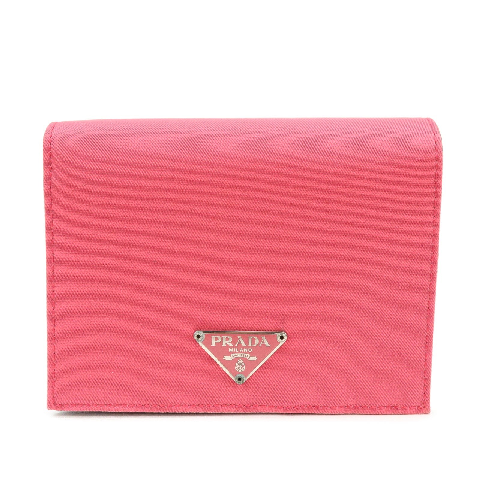 PRADA Triangle Logo Nylon Saffiano Leather Compact Wallet Pink M668