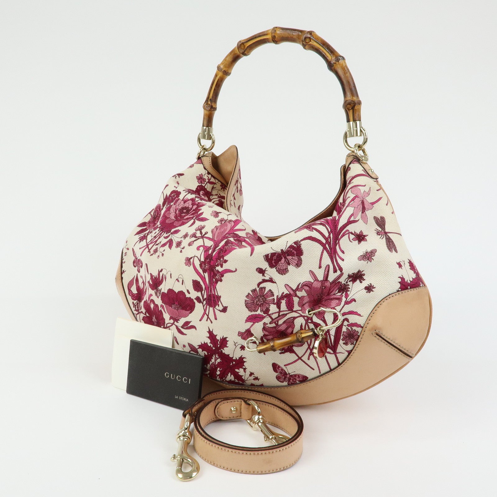 GUCCI Bamboo Flora Canvas Leather 2Way Shoulder Bag Pink 169976