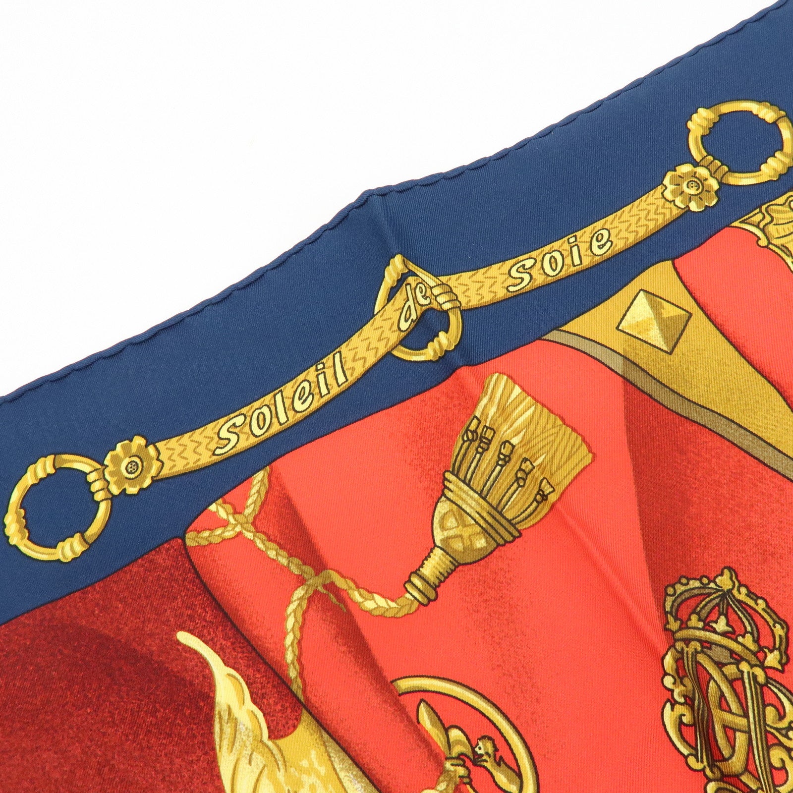HERMES Carre 90 Silk 100% Soleil de Soie Scarf Gold Red Navy