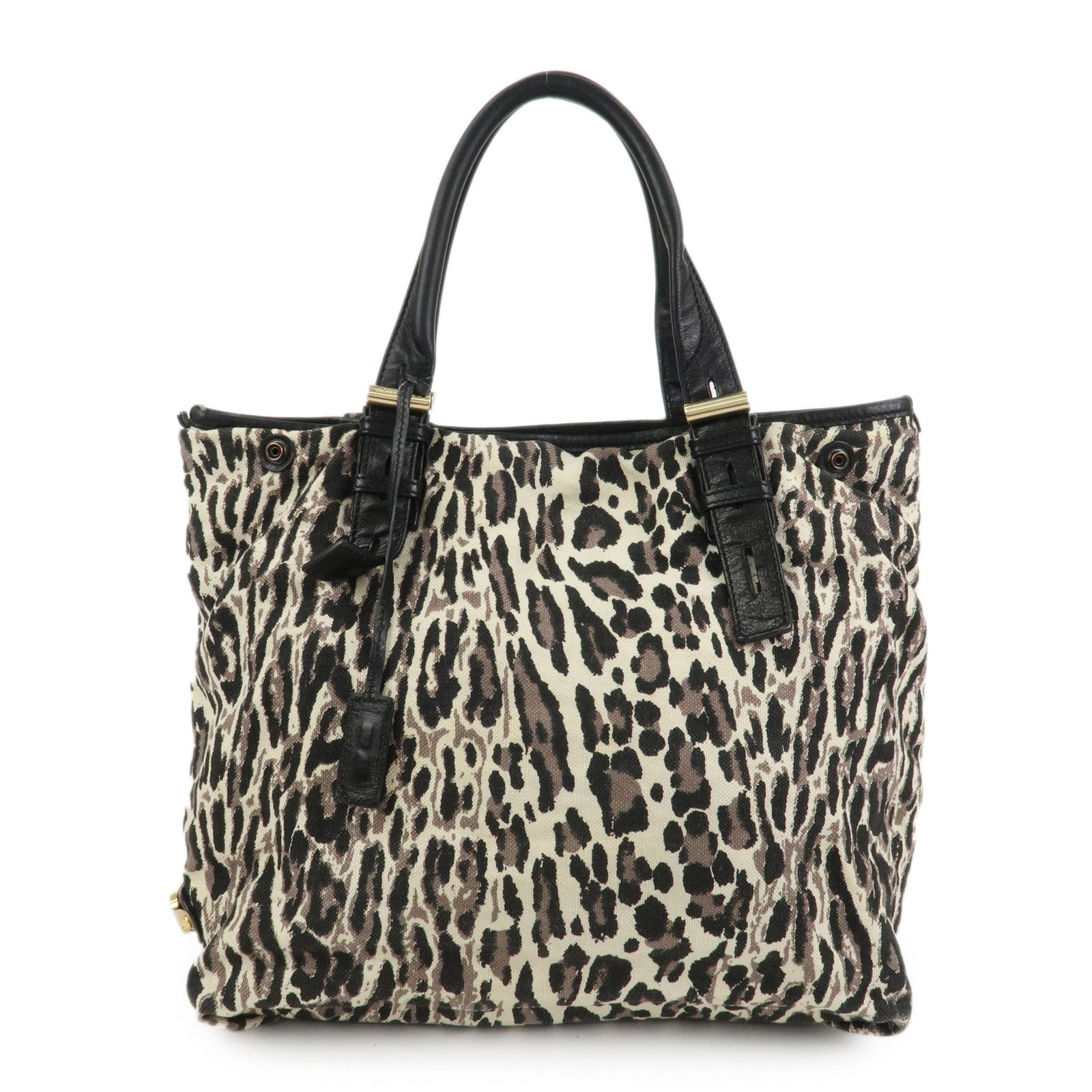 JIMMY CHOO Leopard Canvas Leather Tote Bag Shoulder Bag Ivory Black