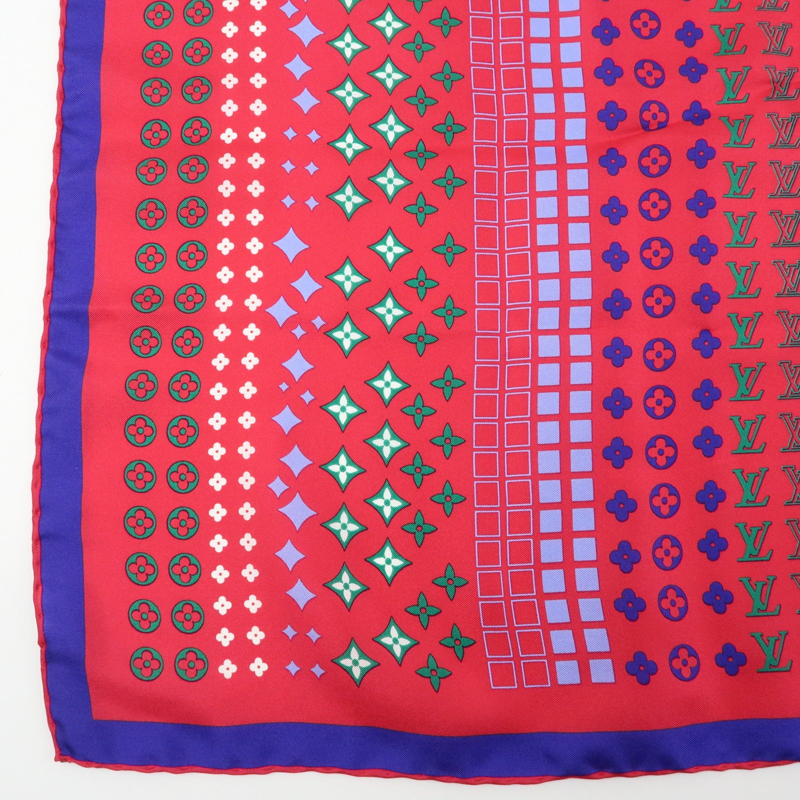 Louis Vuitton Monogram Silk 100% Scarf Geometric Pattern Pink Blue