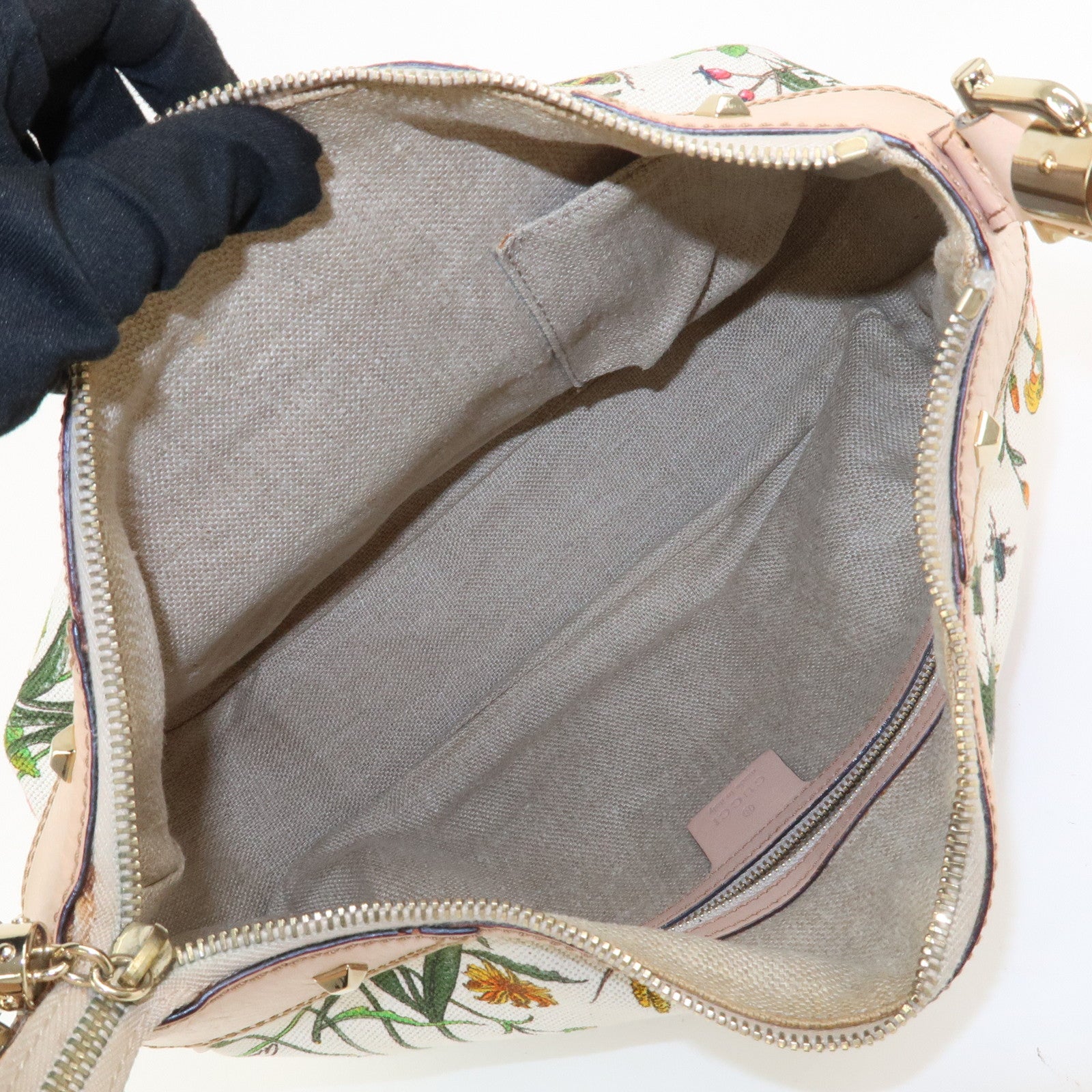 GUCCI Bamboo Canvas Leather Shoulder Bag Flora Ivory Pink 137383