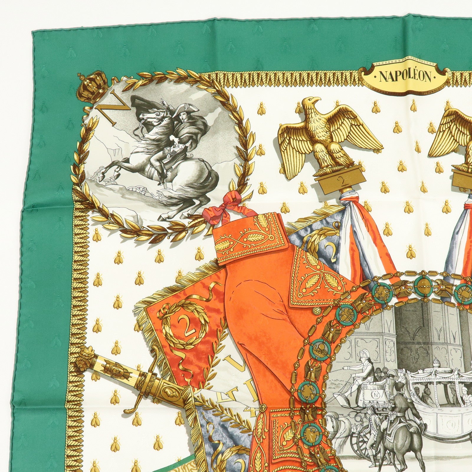 HERMES Carre 90 Silk 100% Scarf NAPOLEON Green White