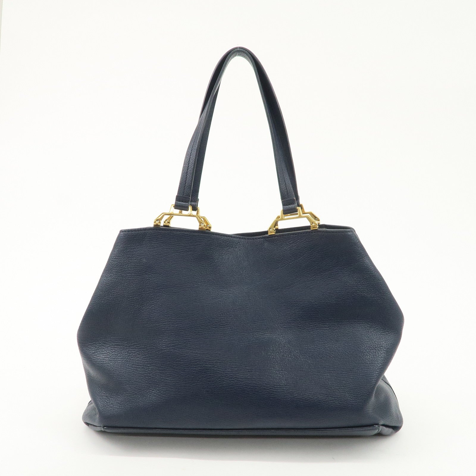 MIUMIU Logo Madras Leather Hand Bag Tote Bag Navy Gold Hardware Used