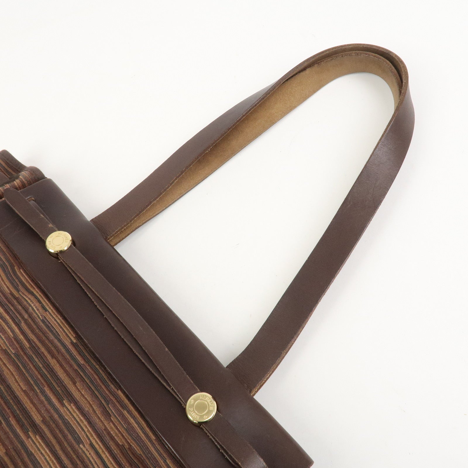 HERMES Cabas PM Airline Toile Officier Leather Shoulder Bag Brown