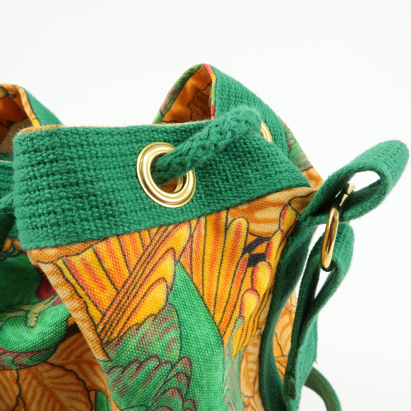 HERMES Canvas Drawstring Shoulder Bag Crossbody Bag Orange Green