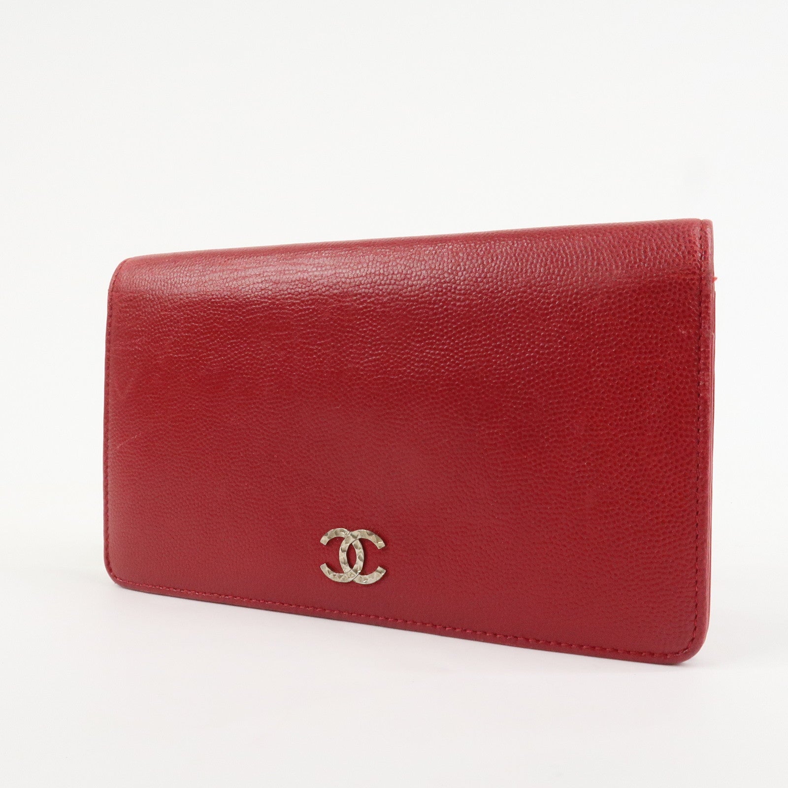 CHANEL COCO Mark Caviarskin Bi-Fold Long Wallet Red