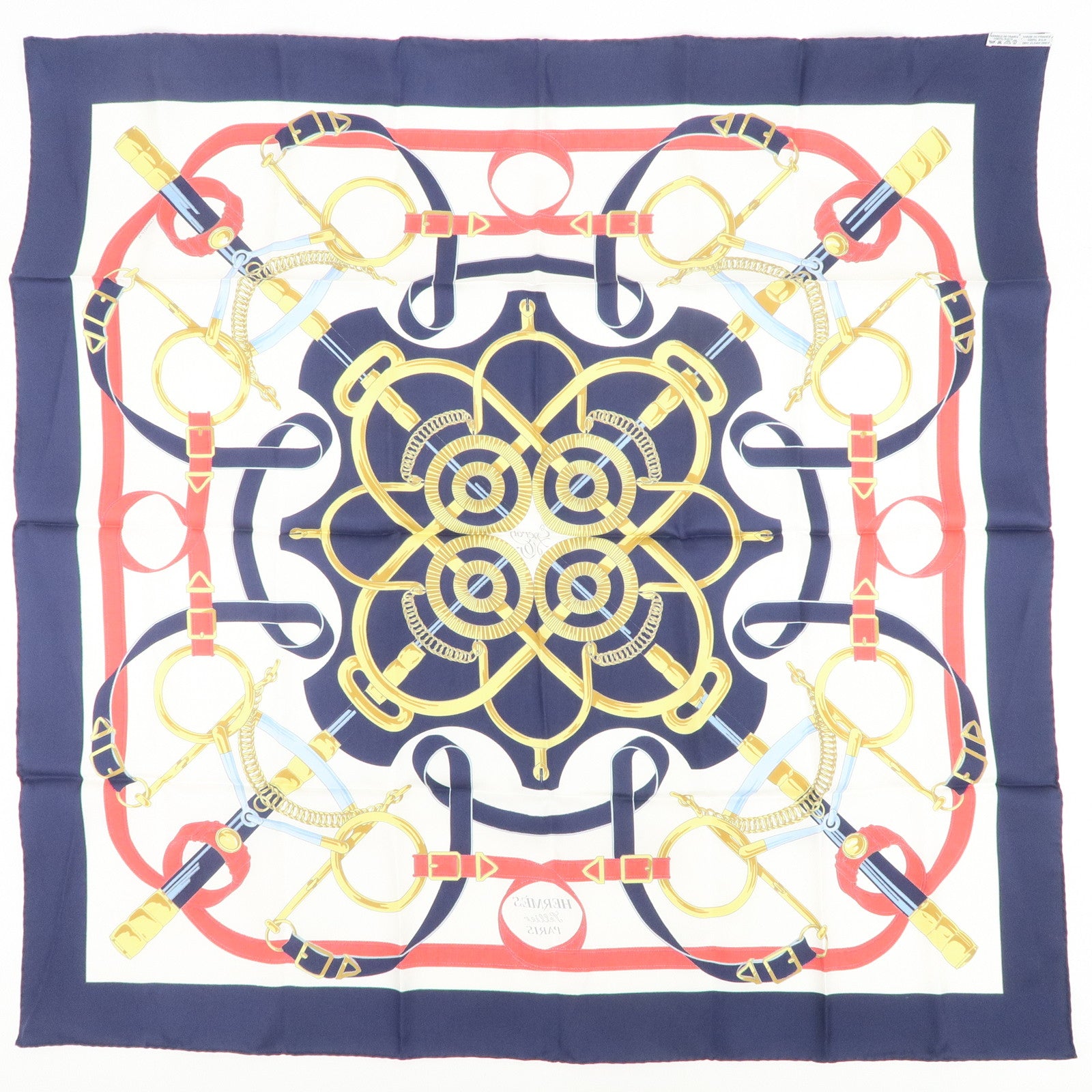 HERMES Carre 90 Silk 100% Eperon d'or Scarf White Navy
