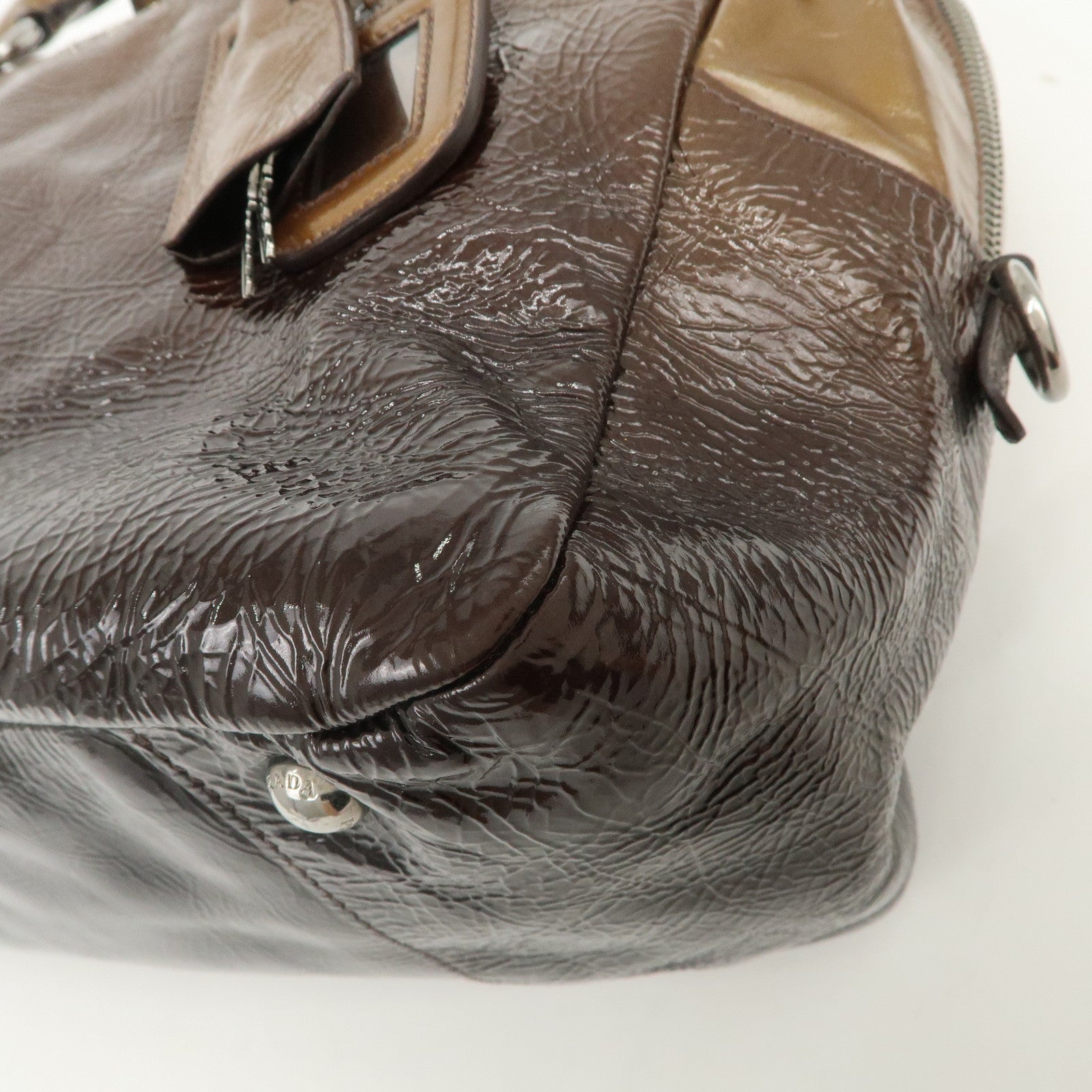 PRADA Logo Patent Leather Hand Bag Boston Bag Brown BL0555