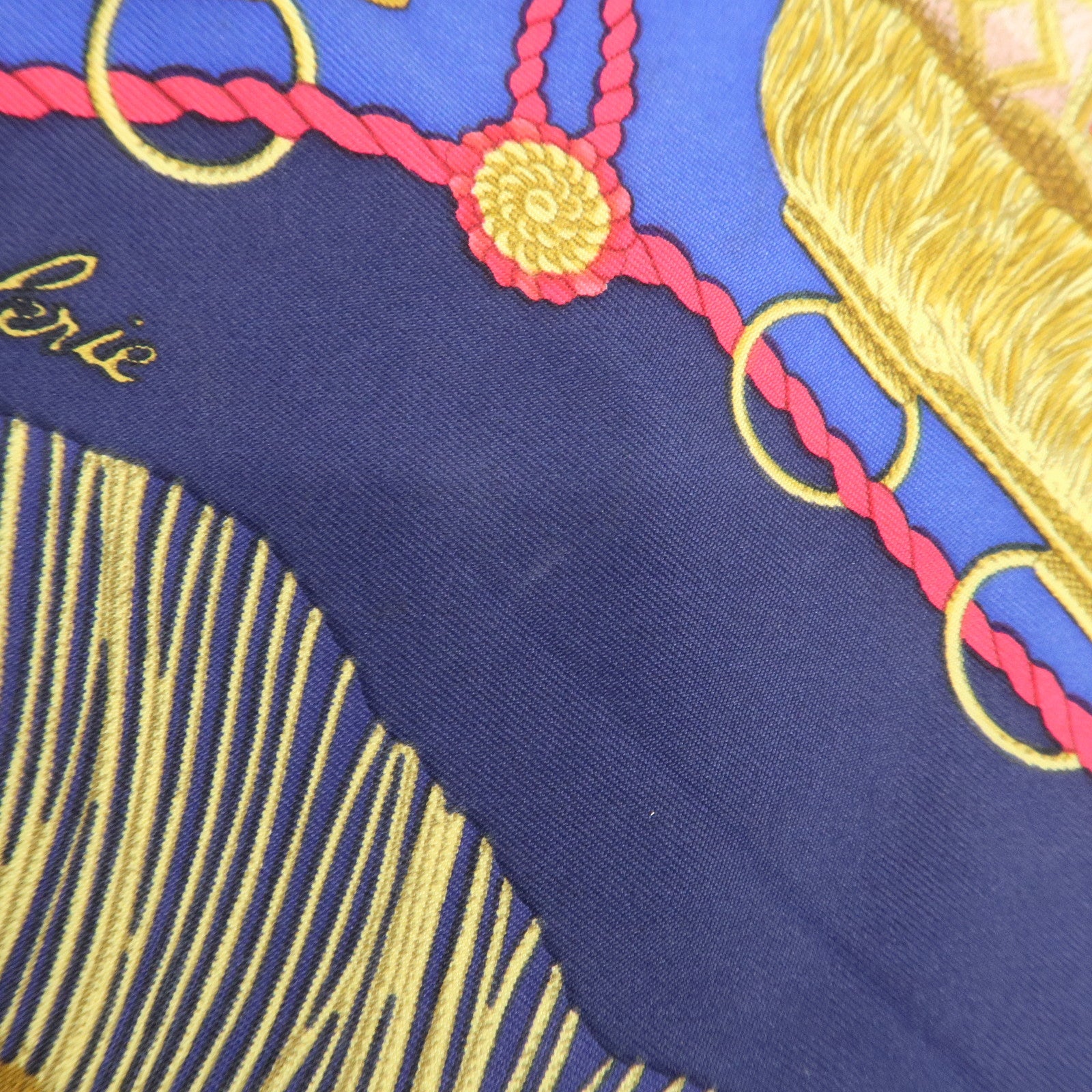 HERMES Carre 90 Silk 100% Paste et Bavalerie Scarf Blue Gold