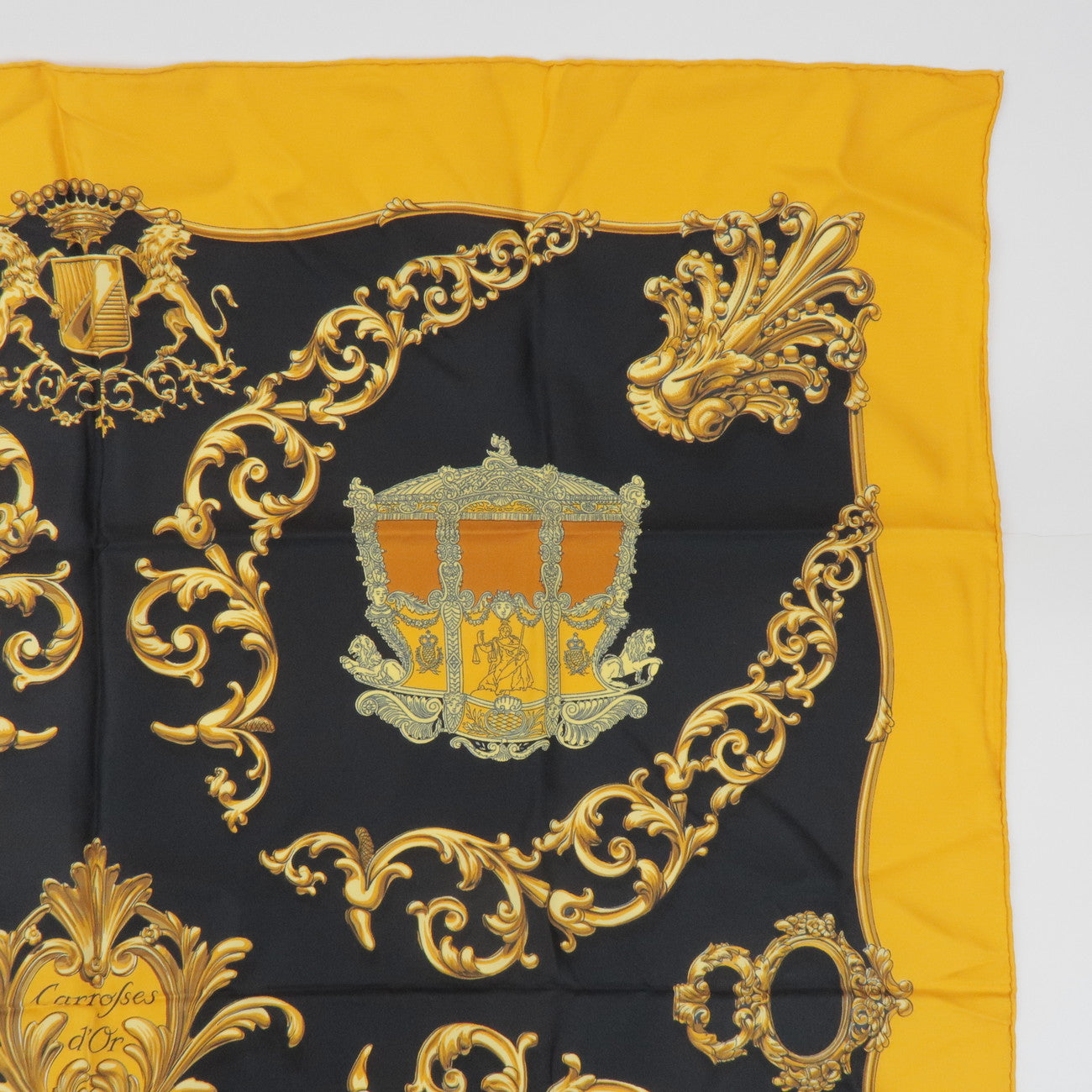 HERMES Carre 90 Silk 100% Scarf Carrosses d'Or Gold Black