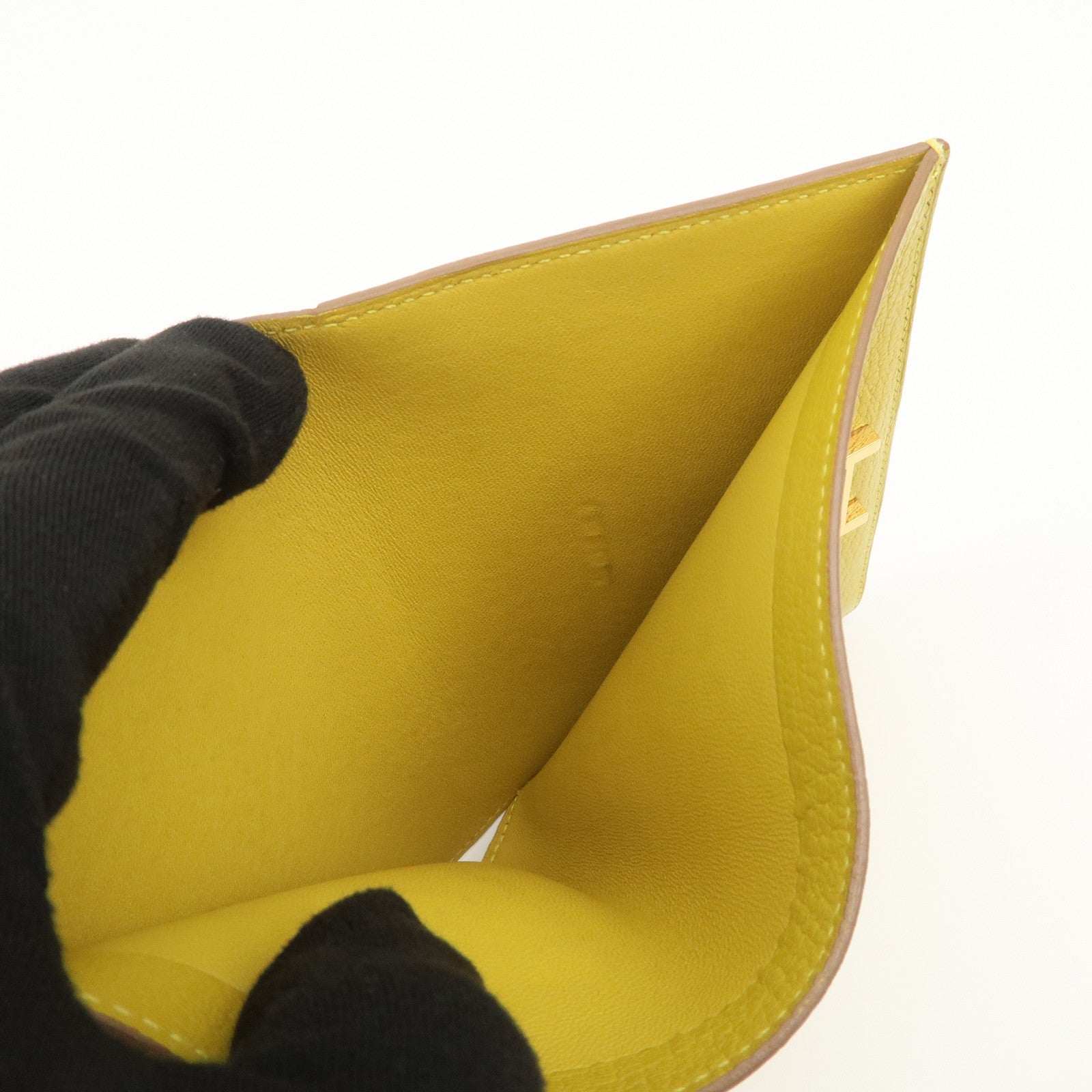 HERMES Leather Bearn Mini Compact Wallet D Stamped Yellow