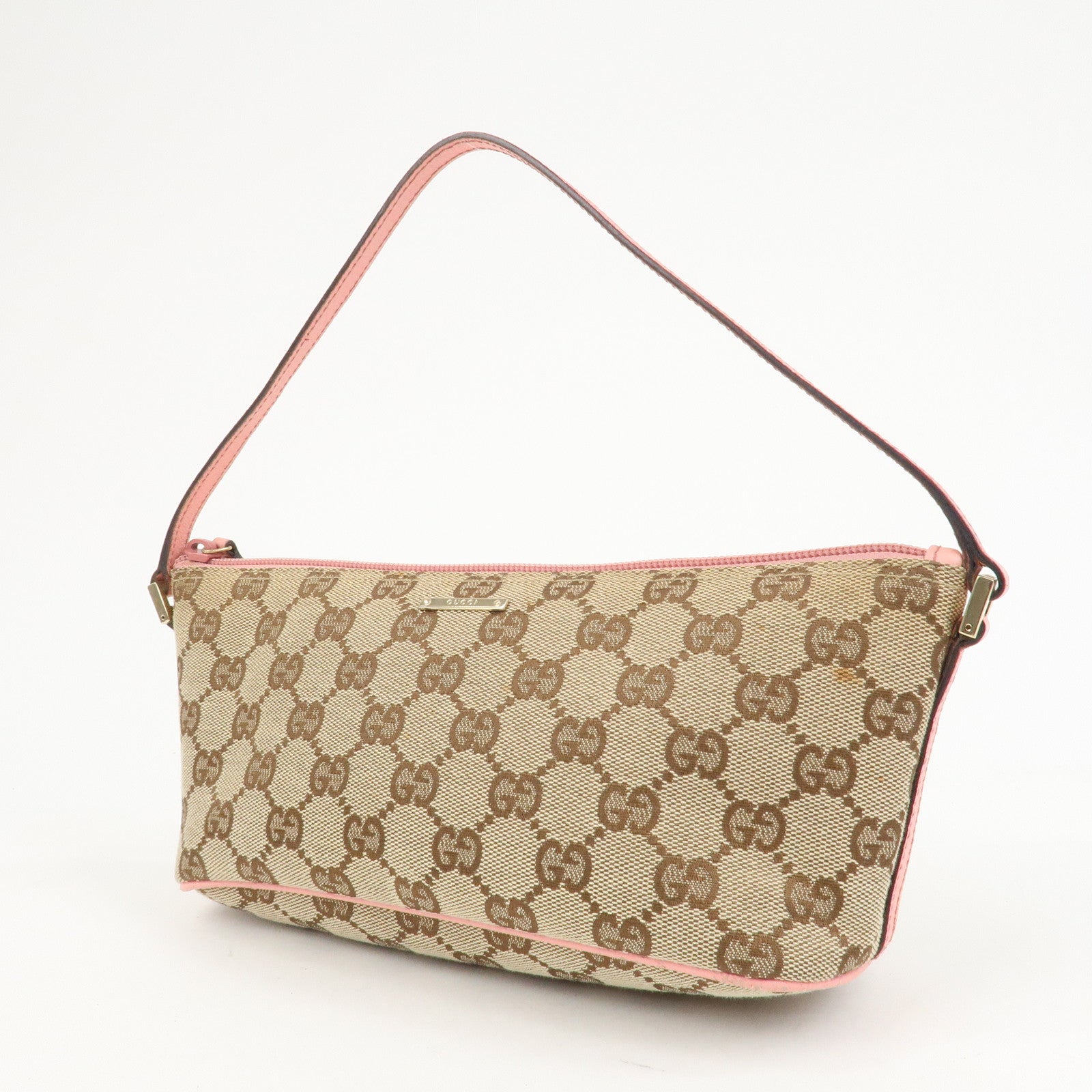 GUCCI Boat Bag GG Monogram Canvas Leather Hand Bag Beige Pink 07198