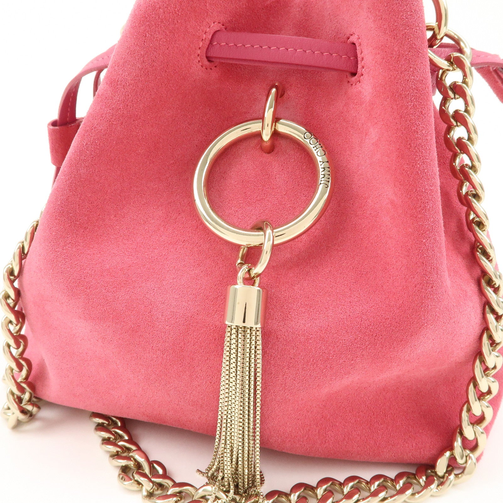 JIMMY CHOO Callie Drawstrings S Suede Chain Shoulder Bag Pink Used