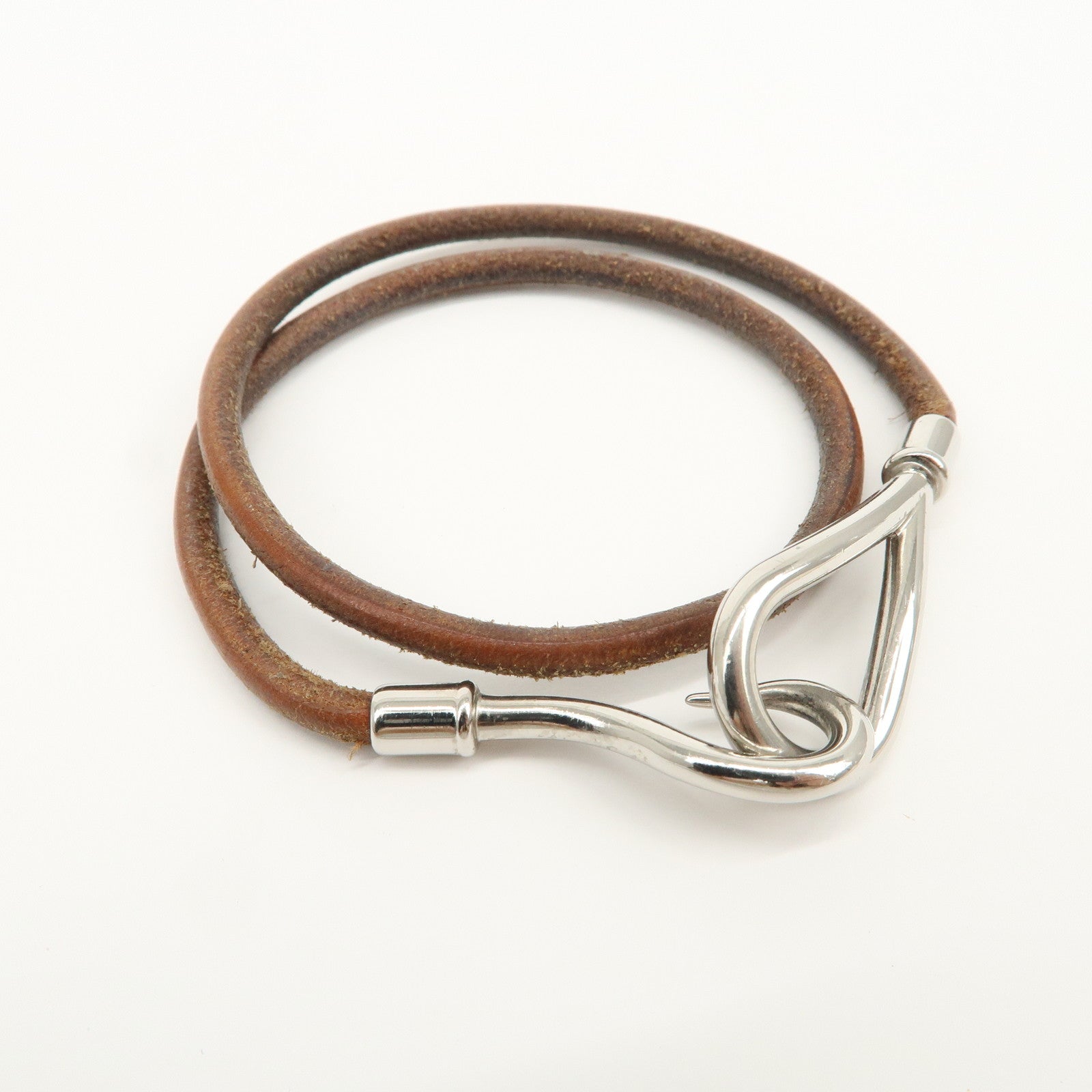 HERMES Leather Metal Jumbo Choker Bracelet Brown Silver