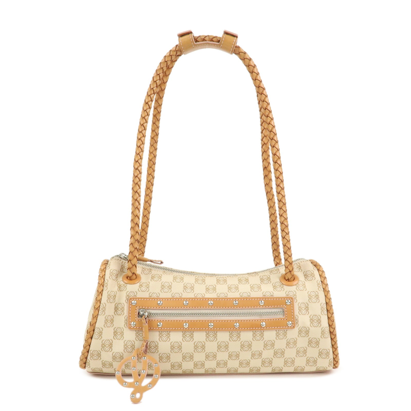 LOEWE Anagram Logo Canvas Shoulder Bag Leather Beige Light Brown