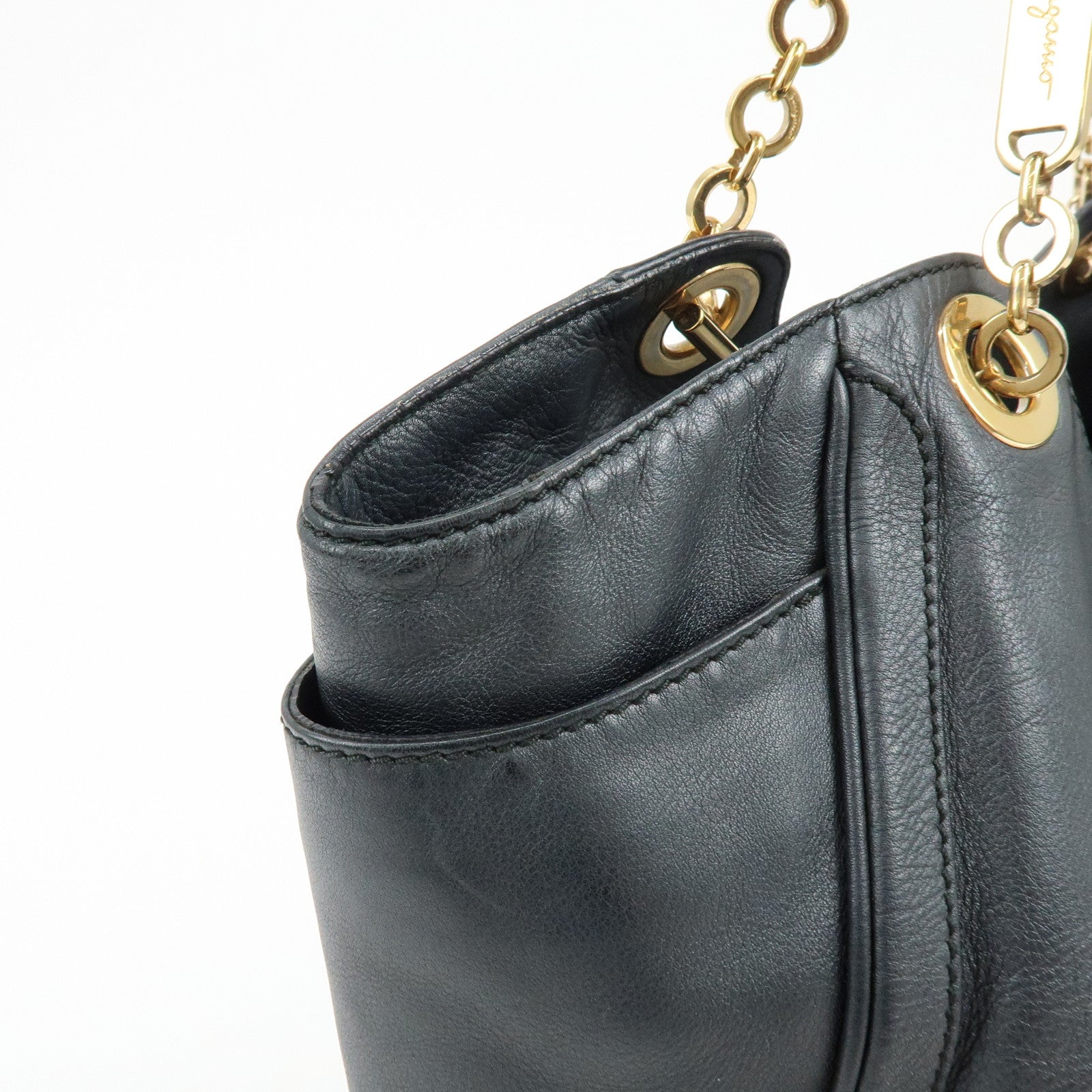 Ferragamo Gancini Leather Chain Tote Bag Shoulder Bag Black