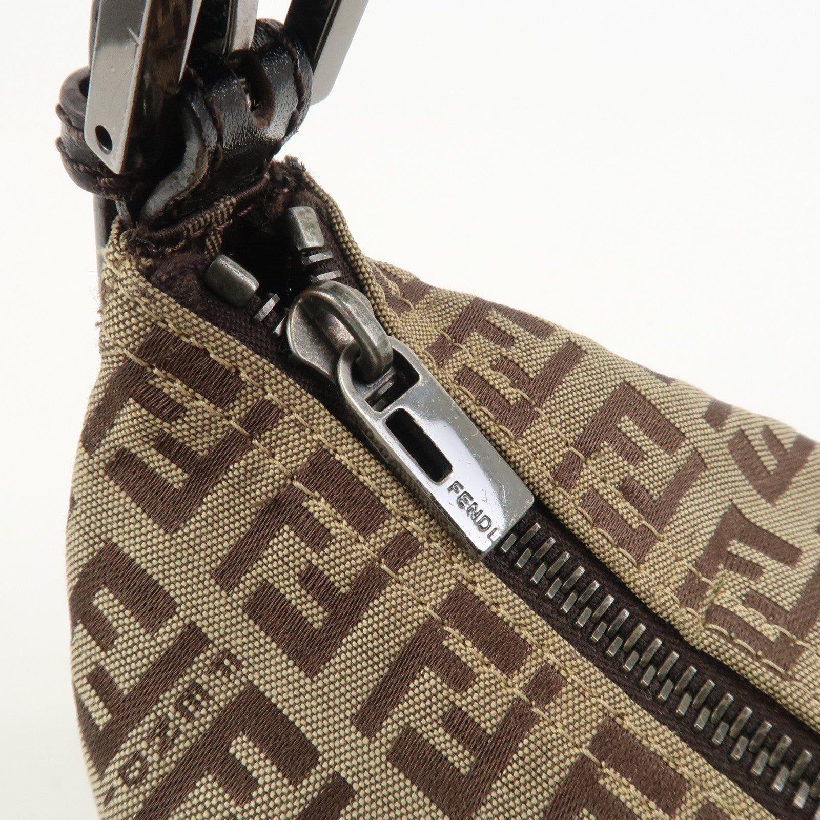 FENDI Zucchino Canvas Leather Hand Bag Pouch Bag Brown 8N0001