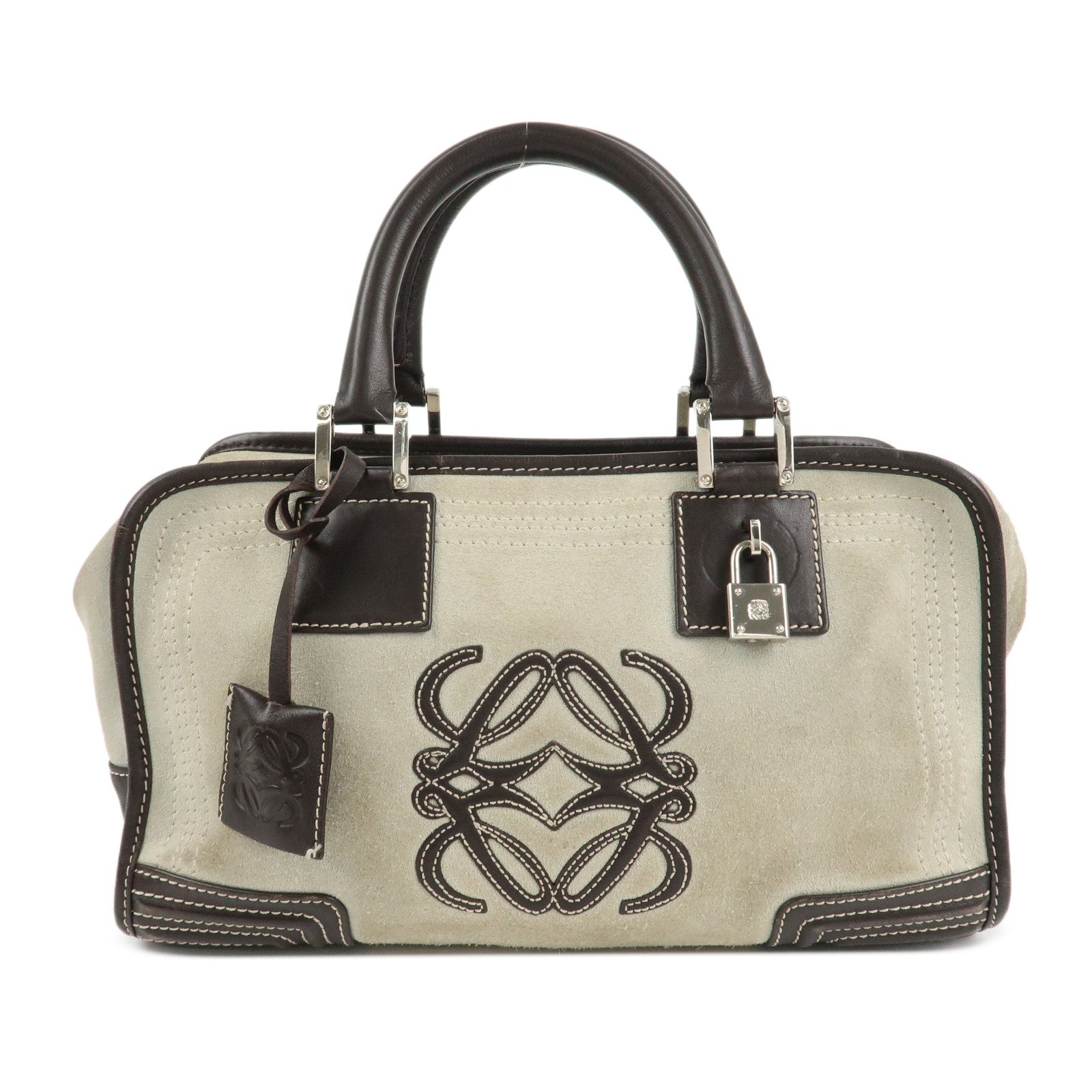 LOEWE Anagram Amazona 28 Suede Leather Hand Bag Ivory Brown Used